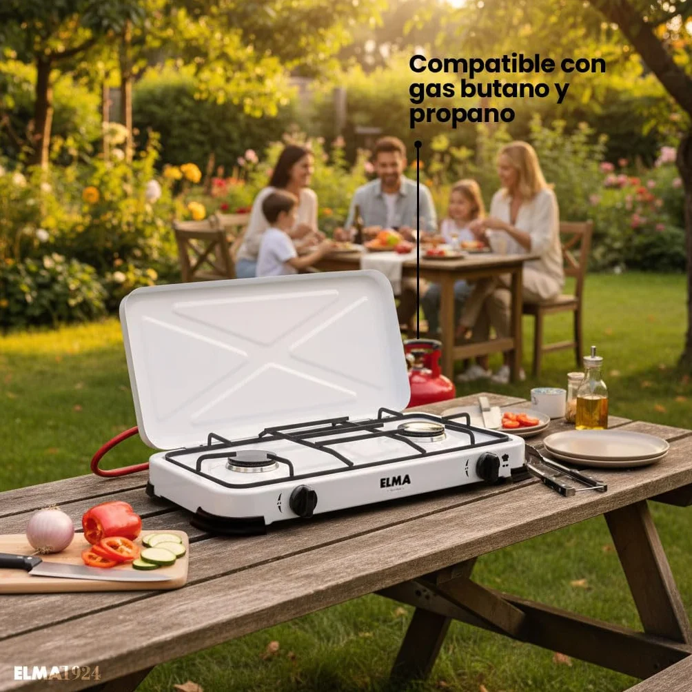 ELMA Cocina a Gas Portátil 2 Fuegos – Compacta y Ligera, Ideal para Camping, Caravanas y Uso en Casa | Compatible con Gas Butano y Propano, Incluye Instrucciones de Montaje | 58 x 28 x 5,5 cm
