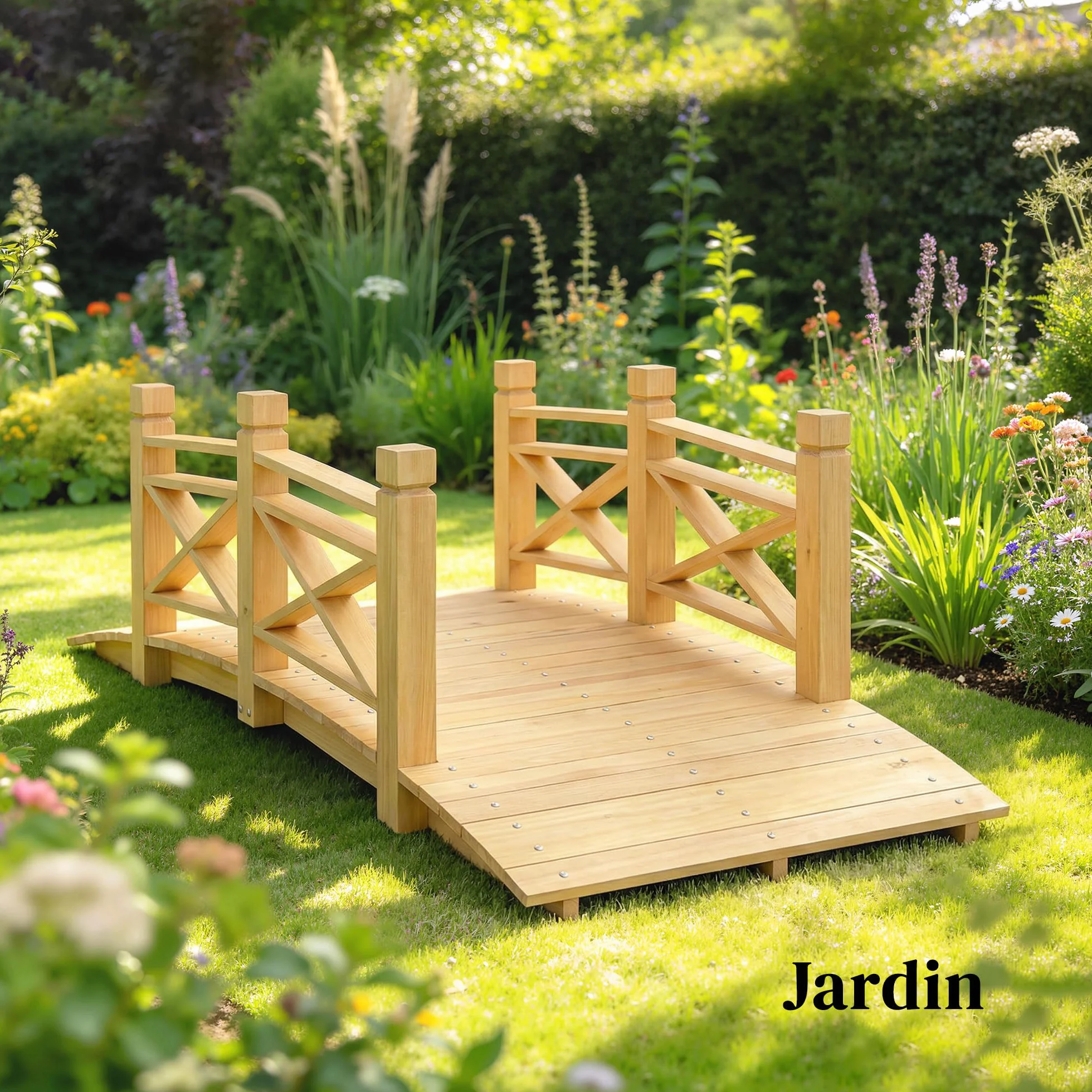 Outsunny Puente de jardín de madera carbonizada arqueada 1,74 m – Pasarela con mano corredora segura y carga 200 kg – Decoración exterior tratada y resistente, natural