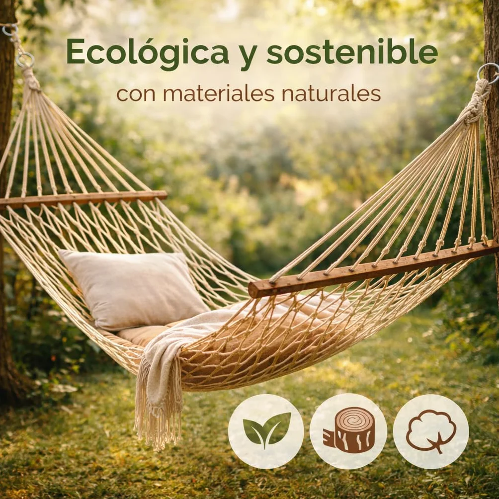Hamaca Macramé de 270 x 80 cm (Zona Útil 190 x 80 cm) Hamaca de Red Estilo Boho para Jardín Terraza Interior Camping Campers o Caravanas Bolsa de Transporte incluida