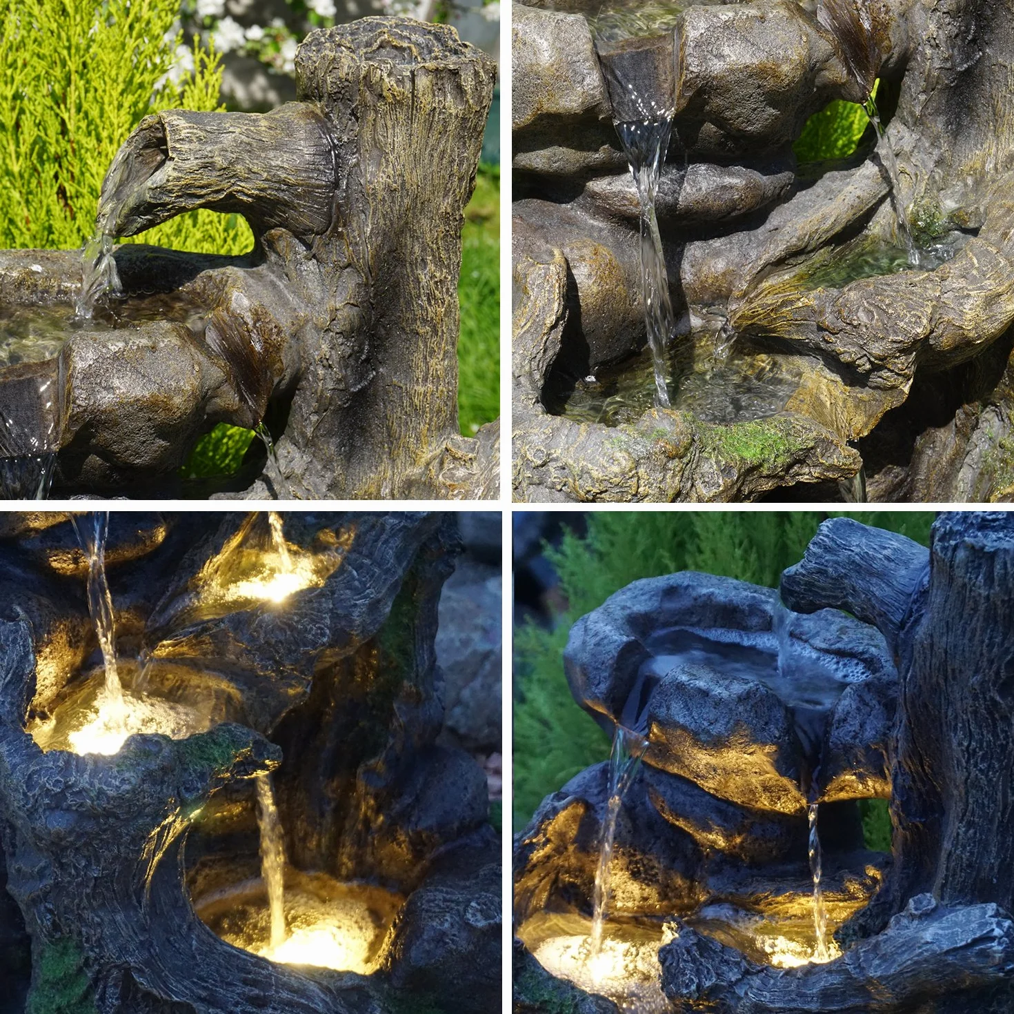 Fuente de Agua Fuente en Cascada Fuente Ornamental Raiz de arbol Fuente de Fuente de Jardin para Jardin, terraza, Balcon con Bomba de Agua y luz LED