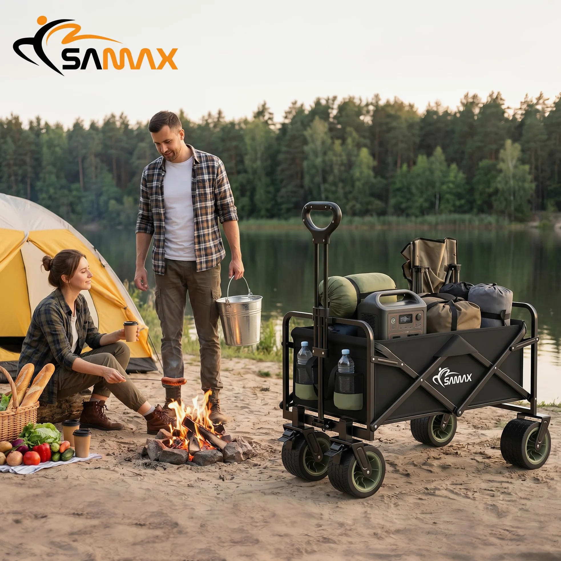 SAMAX Carrito de Offroad a Mano Plegable Coaster Carretillas de Jardín Playa de Carro Offroad 200 kg - Camping Edition Negro/Verde Matcha