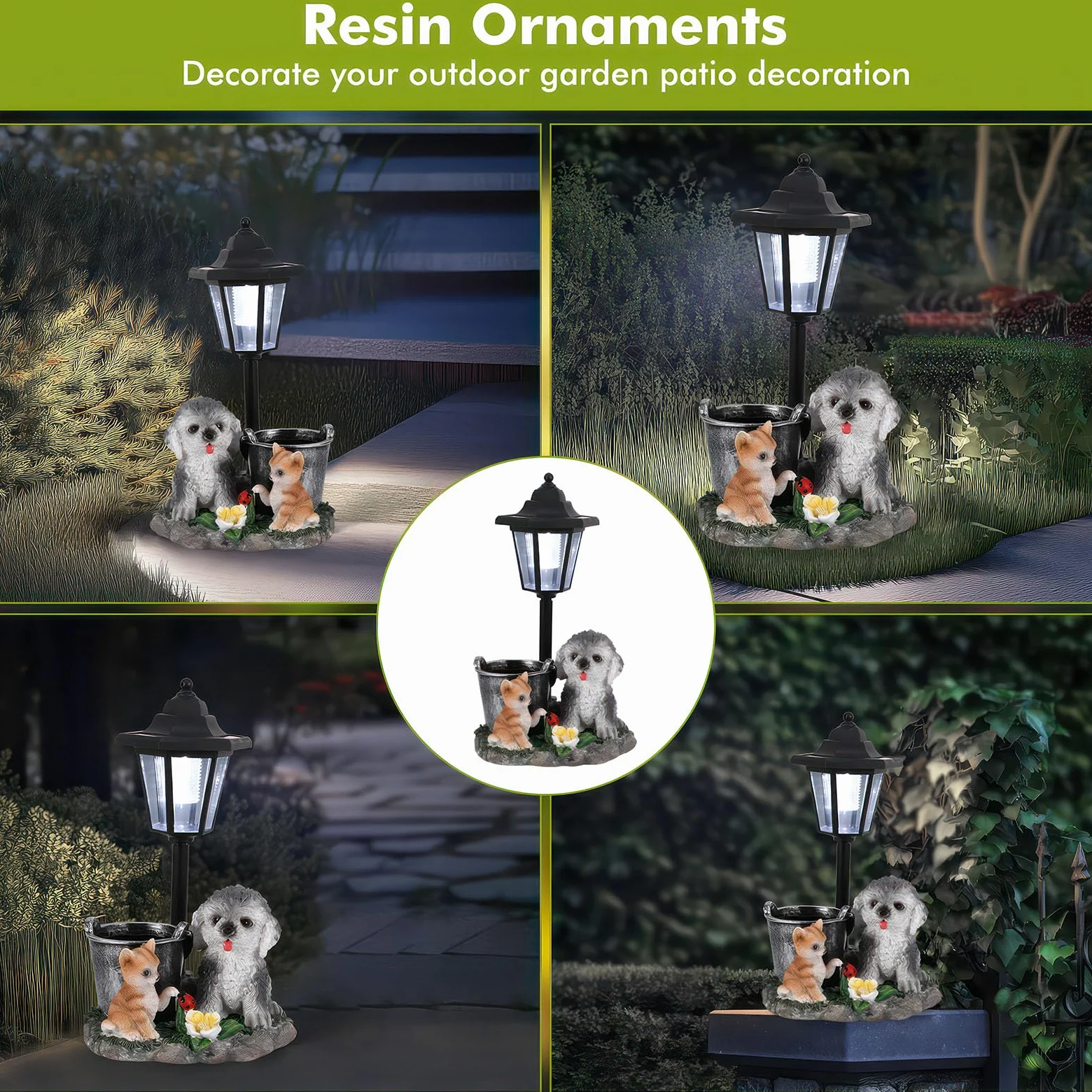 Estatua de jardín para perros con luz solar, decoración exterior, resistente al agua y linda