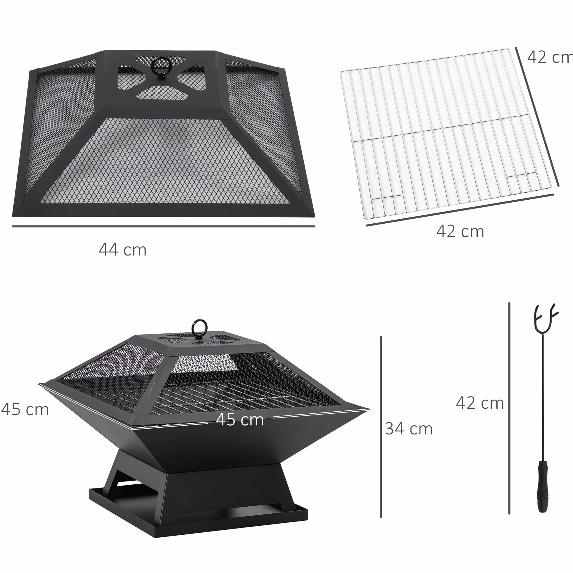 Outsunny Brasero Exterior de Acero Pozo de Fuego para Jardín Multifuncional con Protector de Chispas y Atizador para Barbacoa Hogueras en Terraza Camping 45x45x34 cm Negro