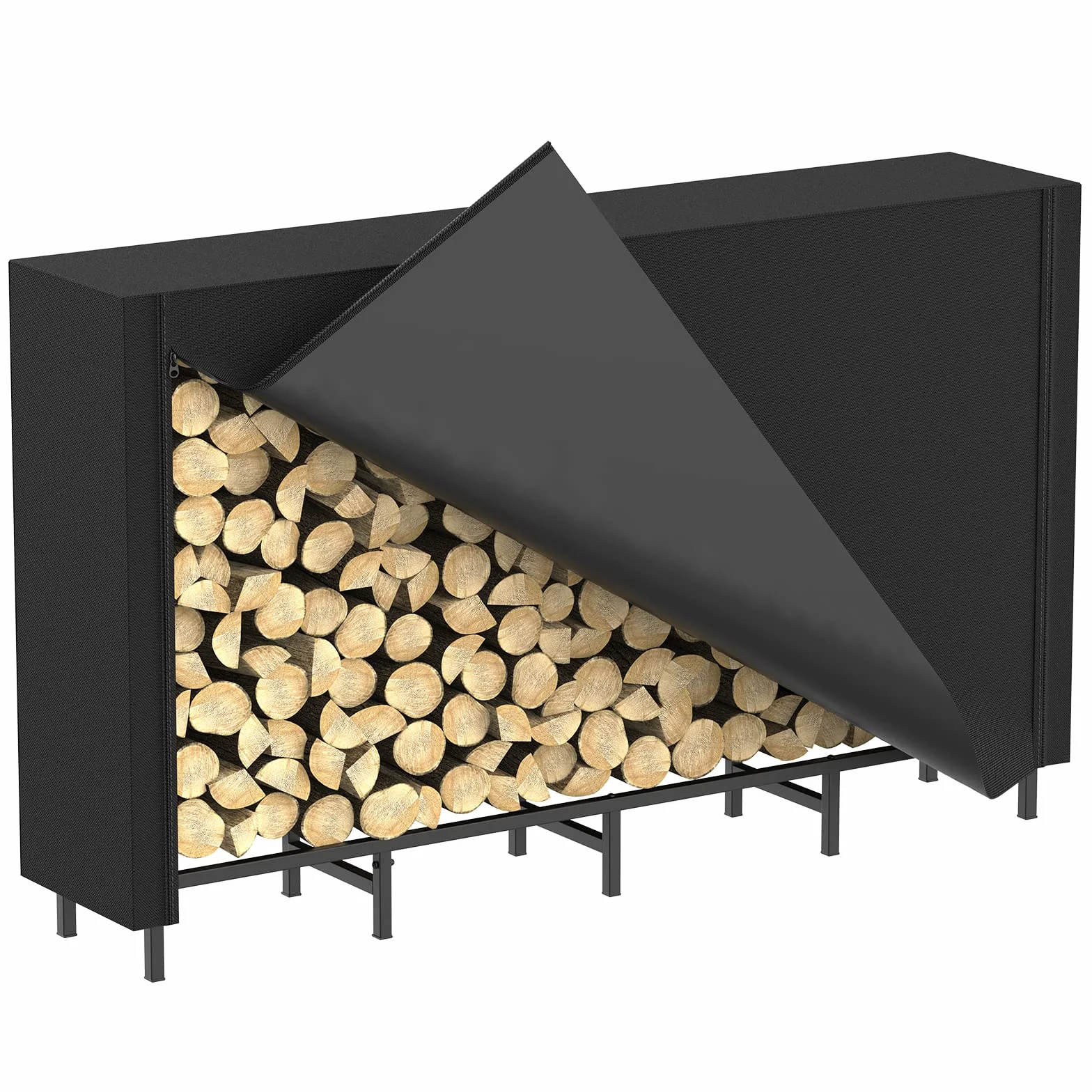 Estante de leña para Exteriores con Cubierta, Estante de leña de 5.5 pies para Chimenea, Almacenamiento de leña, Soporte de leña para Interiores, Ajustable, Resistente, Tela Oxford Impermeable Negra