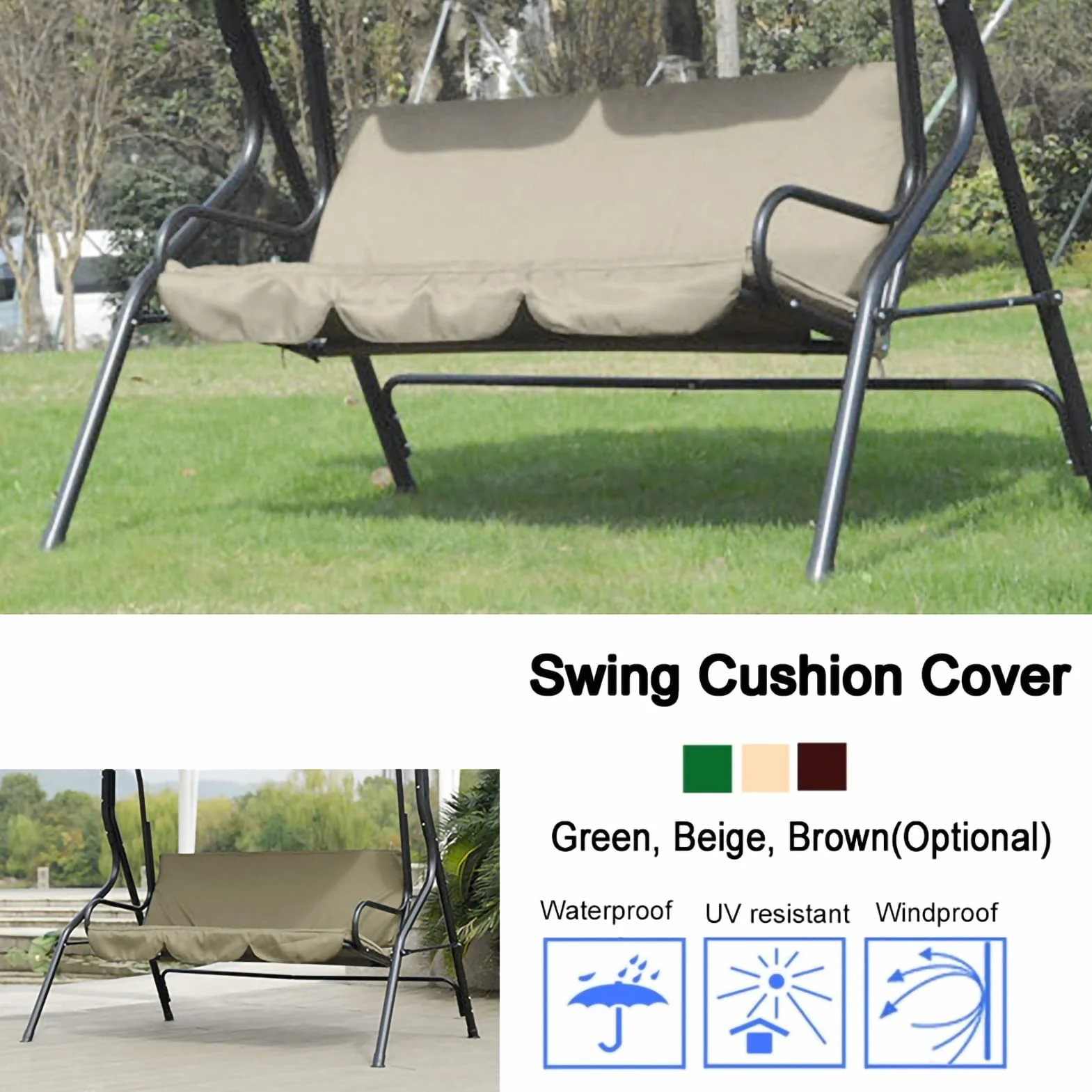Cojín Columpio, 3 Asientos Silla Columpio Hamaca Asiento Cojín Cojín Cojín De Protección Columpio para Exteriores, Interiores, Patio, Jardín, Hogar, Terraza, 150 X 50 X 10 Cm(Beige)