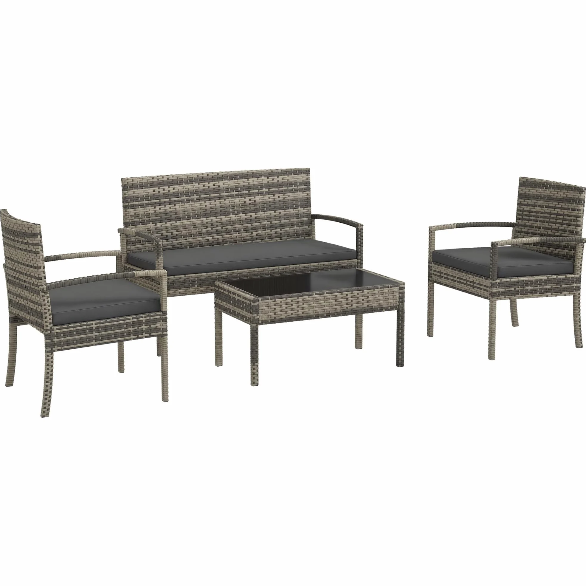 Outsunny Conjunto de Jardín de Ratán Sintético Juego de 4 Piezas Muebles de Jardín con 2 Sillones 1 Sofá de 2 Plazas y 1 Mesa de Centro de Tablero de Vidrio Anti-UV para Patio Gris