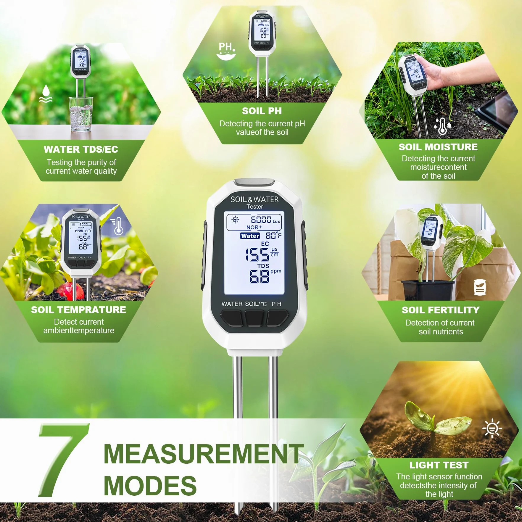 Analizador de suelo 7 en 1: mide la calidad del agua, el pH, la humedad, la temperatura, la luz, los nutrientes, la conductividad, etc. Apto para interiores, jardines y exteriores.