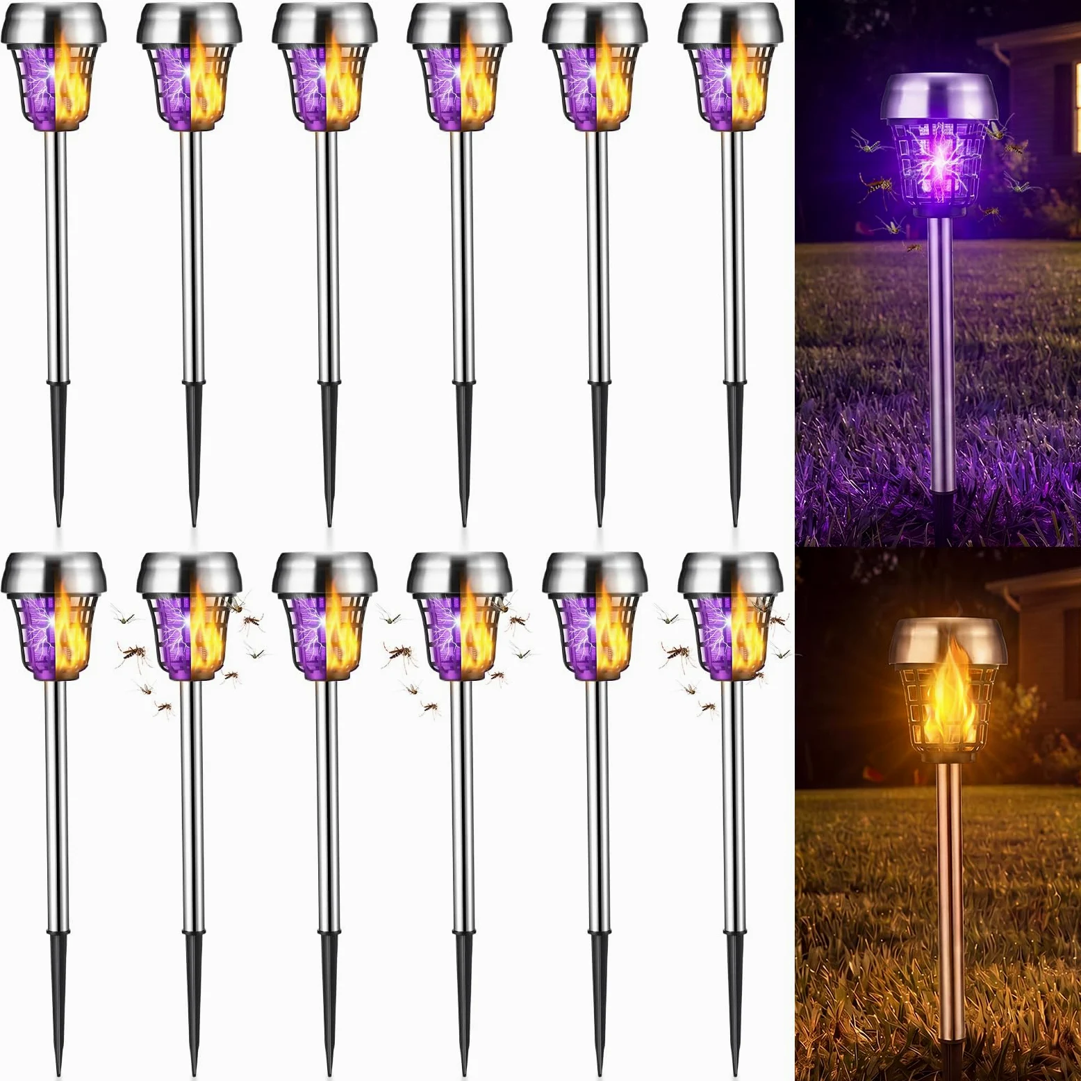 Qualirey 12 piezas de matamosquitos solar para exteriores, impermeables, matamosquitos con energía solar, lámpara repelente de mosquitos para patio, jardín, insectos (púrpura/luz de llama, acero