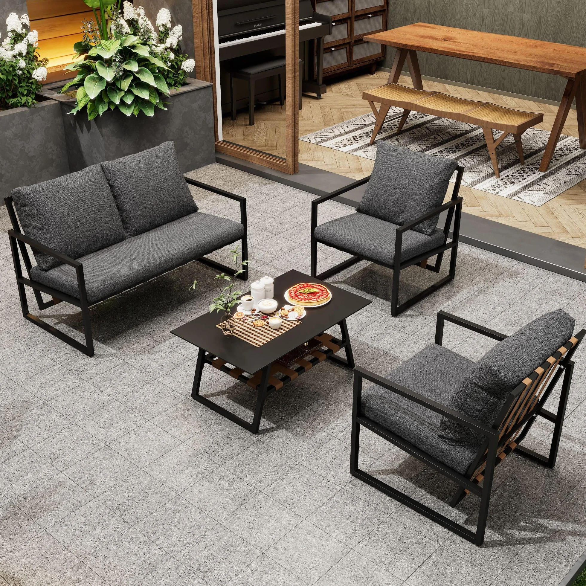 Moimhear Juego de sofá de 4 piezas para exteriores, mesa de café con capa de almacenamiento, tubo de acero galvanizado, diseño de correa de PVC, mesa de cristal templado, cojines extraíbles y lavables