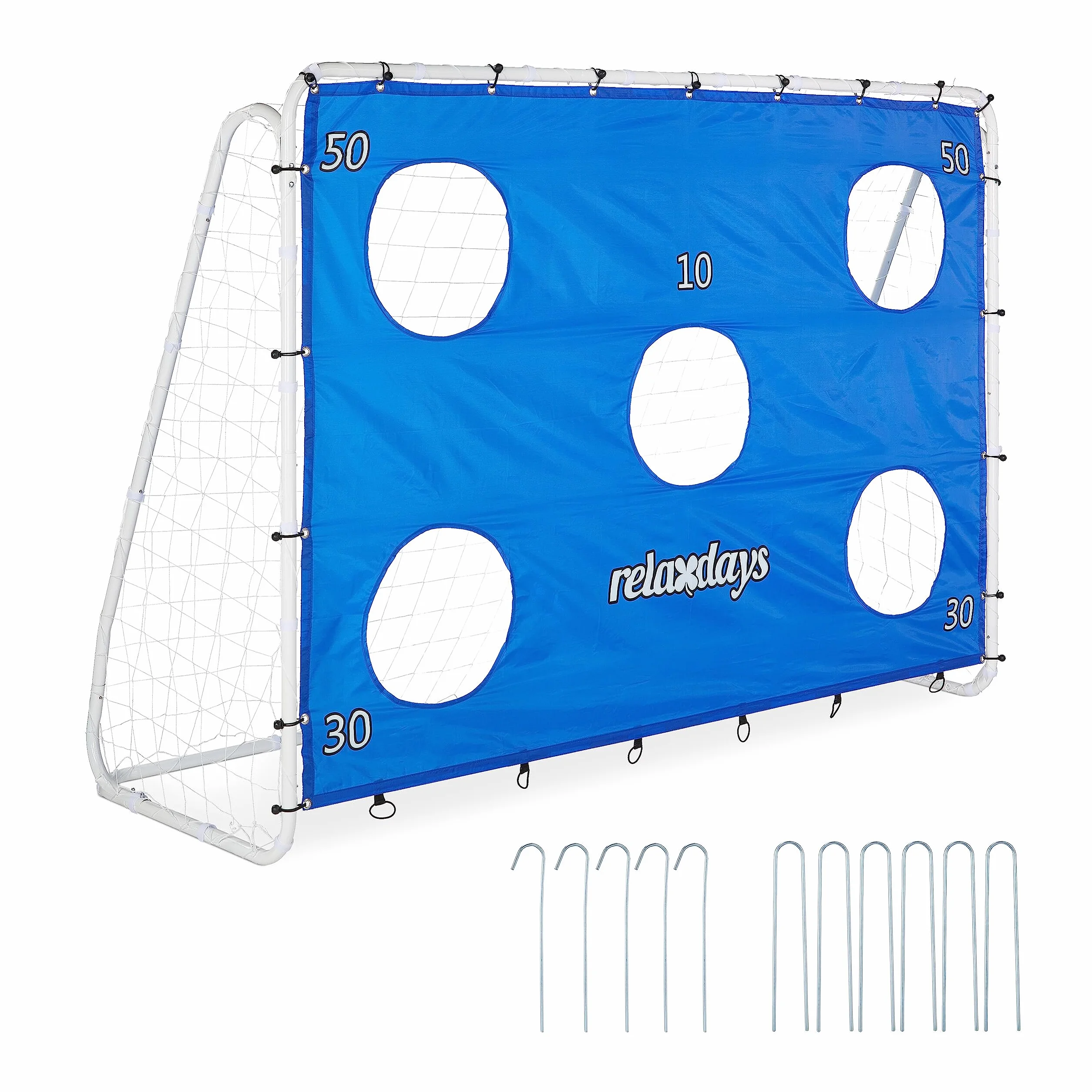 Relaxdays Portería XL con Lona Precisión, Arco Fútbol Jardín, 170x235x85 cm, Acero, Azul y Blanco