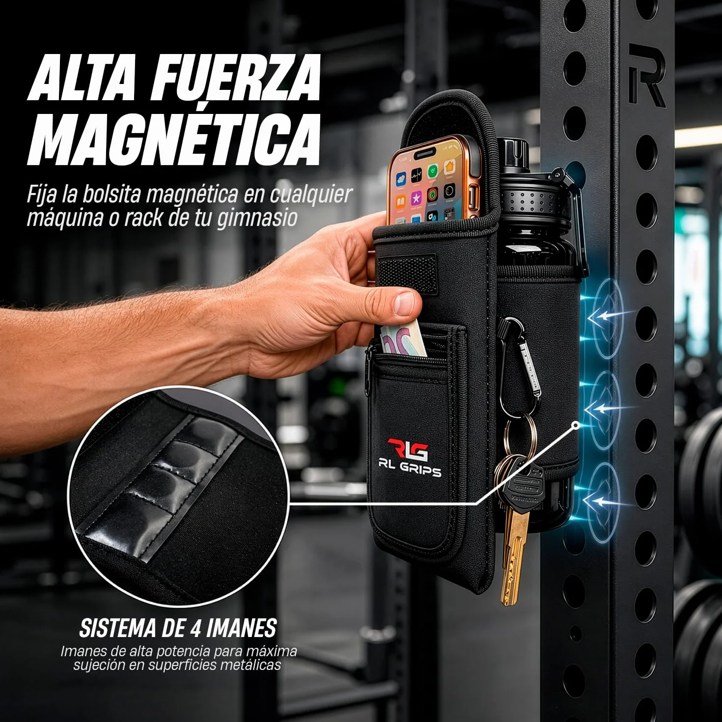 RL Grips Bolsa Magnética Gym para Botella y Móvil – Funda Magnética Gimnasio con Imanes Potentes