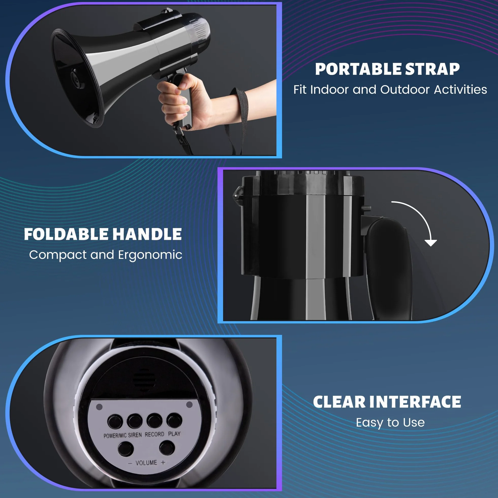 Megáfono Bullhorn 30W portátil altavoz voz sirena alarma grabación 240S control volumen correa negro