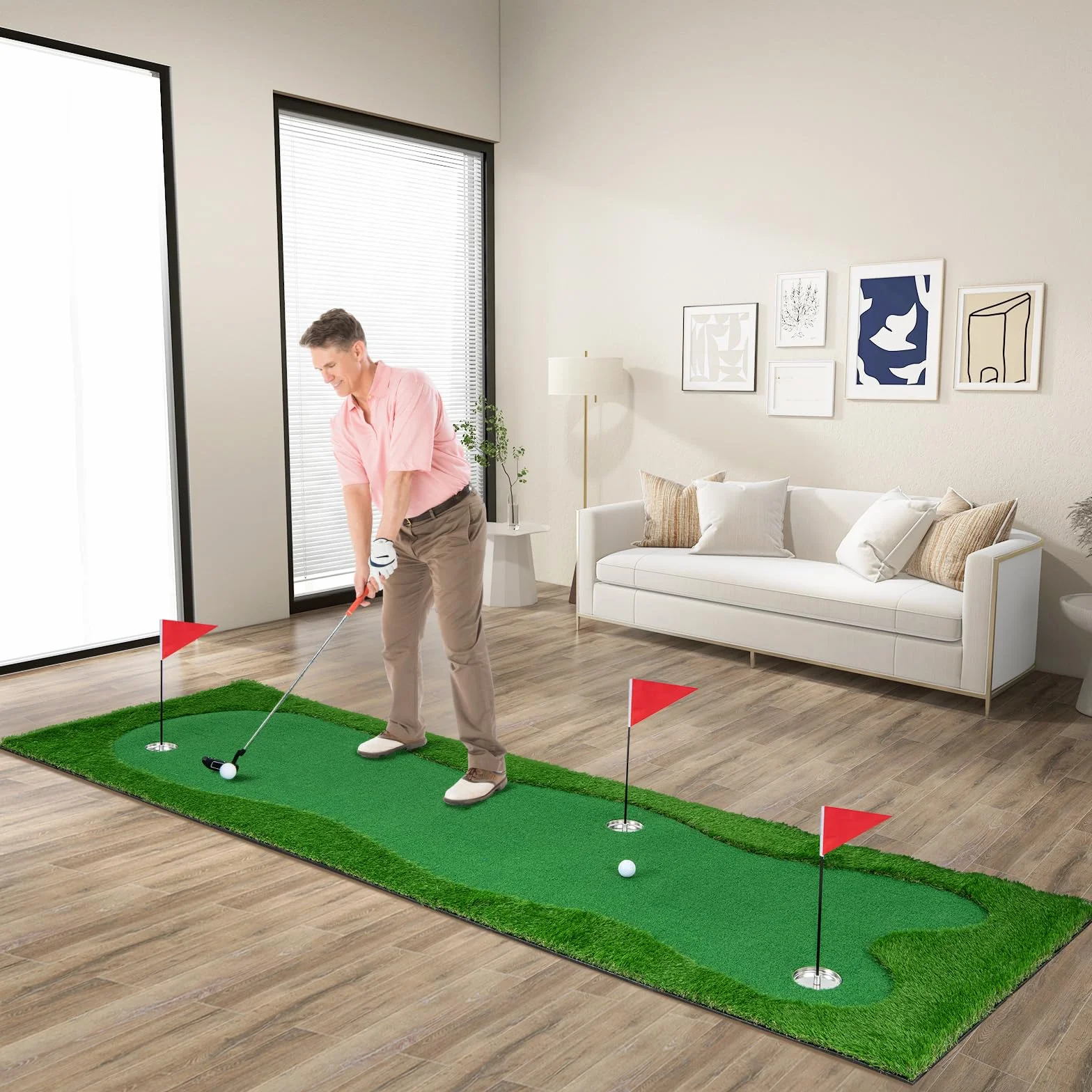COSTWAY Alfombra de Putting de Golf 300x100 cm 3 Hoyos Banderas Tazas