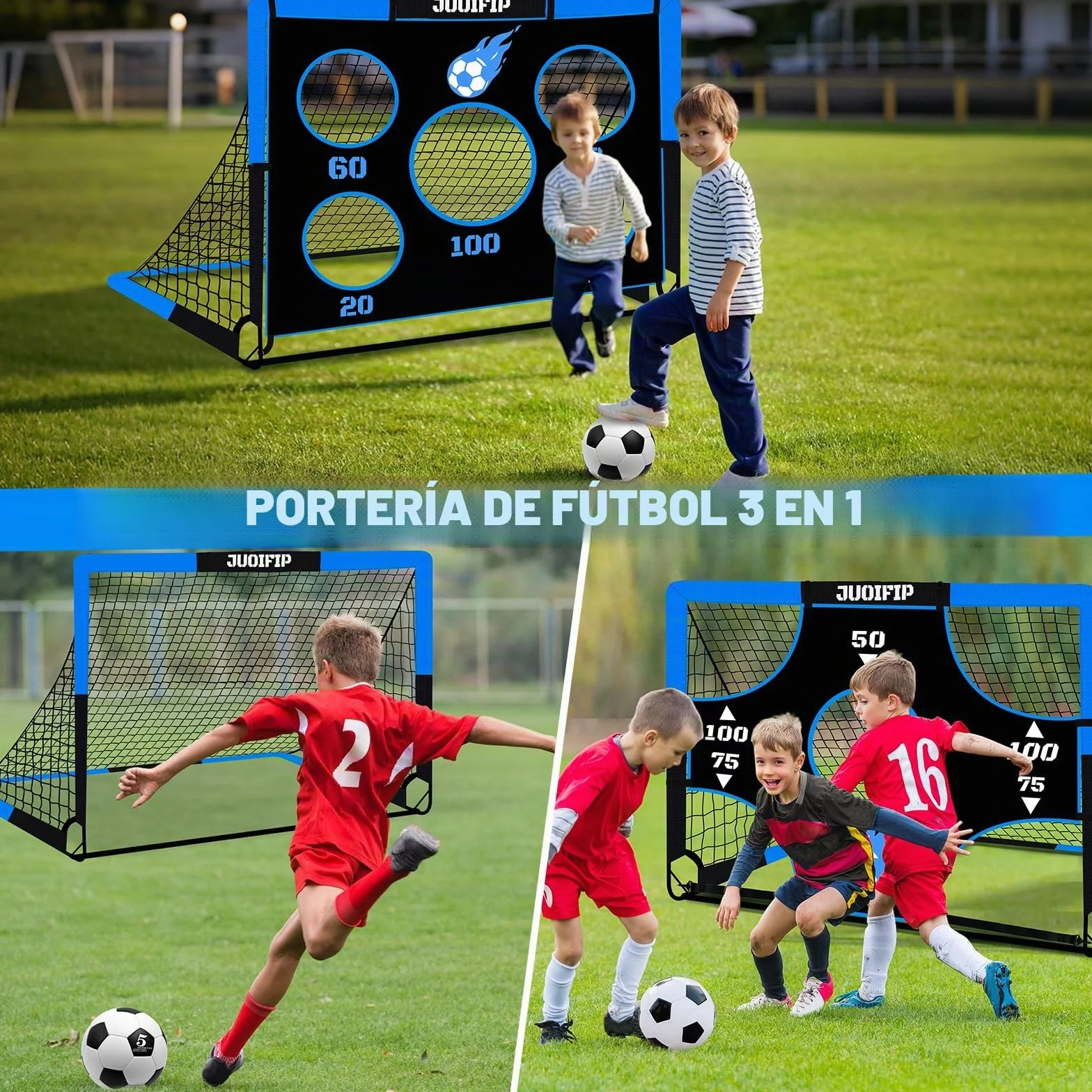 Portería de fútbol 3 en 1 para niños, red 150x120 cm, postes de jardín con 2 telas intercambiables y pelota, bolsa de transporte