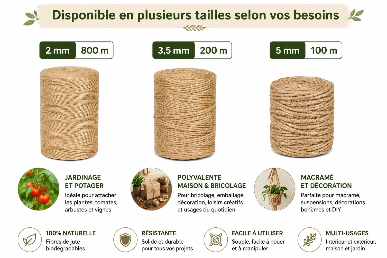 Cordel Yute Natural Ø5 mm ± 100 m La Cordeline CJN33, Natural