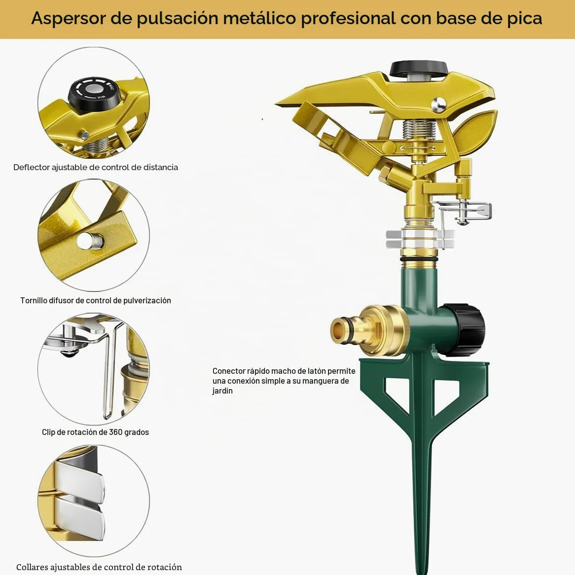 FANHAO Aspersor de Impacto con Base de Espiga Metálica, Sistema de Riego Impulsos, Que alcanza hasta 540 m², Ajustable y de Amplia Cobertura de 360 Grados