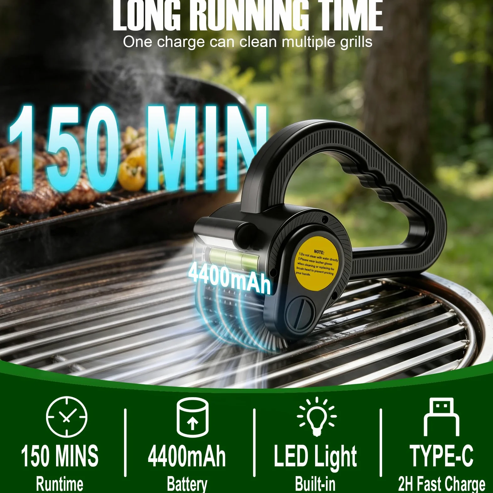 Cepillo eléctrico para parrilla al aire libre, limpiador de parrilla recargable de 4400 mAh con luz LED/pantalla, cepillo de limpieza inalámbrico de 150 minutos de tiempo de funcionamiento para