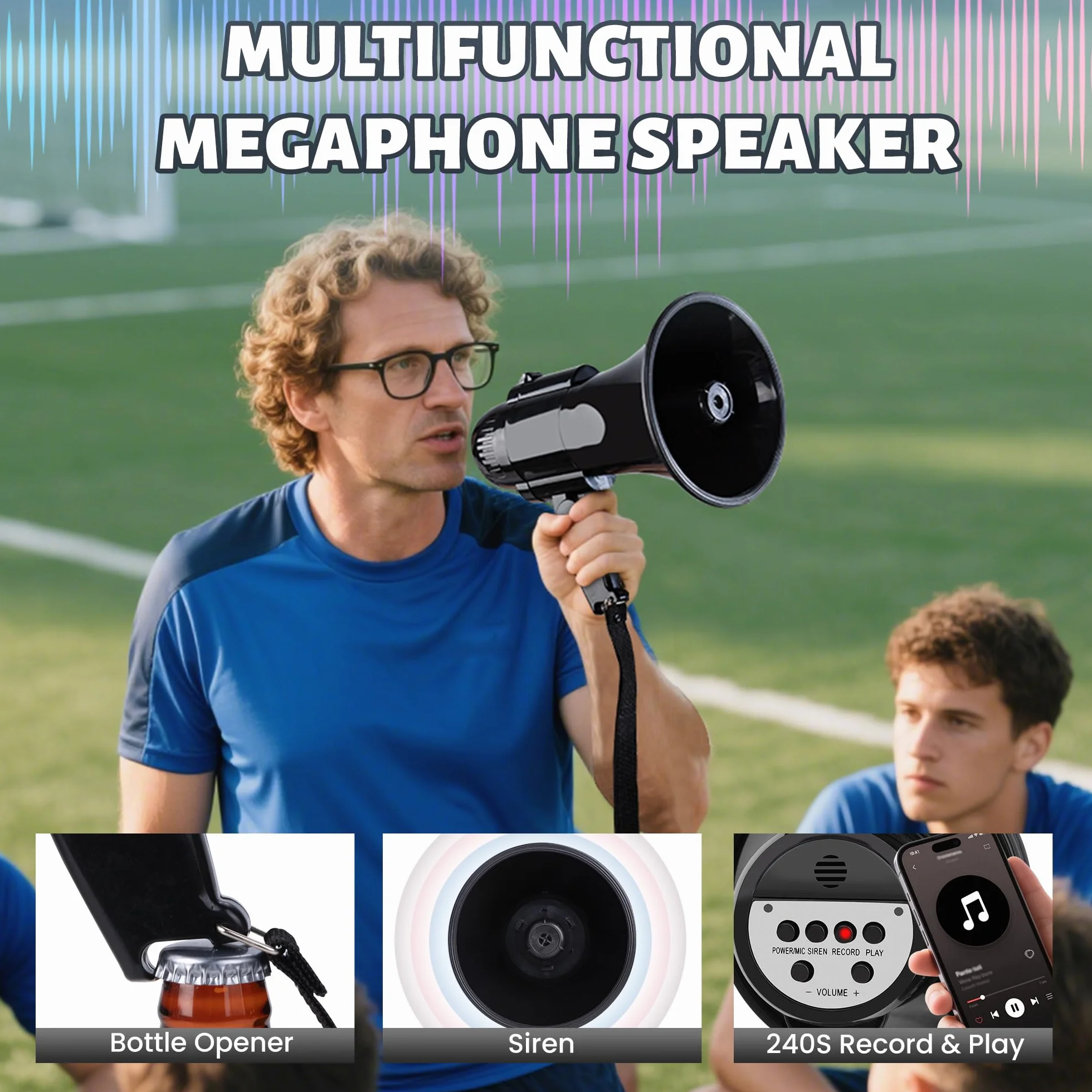 Megáfono Bullhorn 30W portátil altavoz voz sirena alarma grabación 240S control volumen correa negro