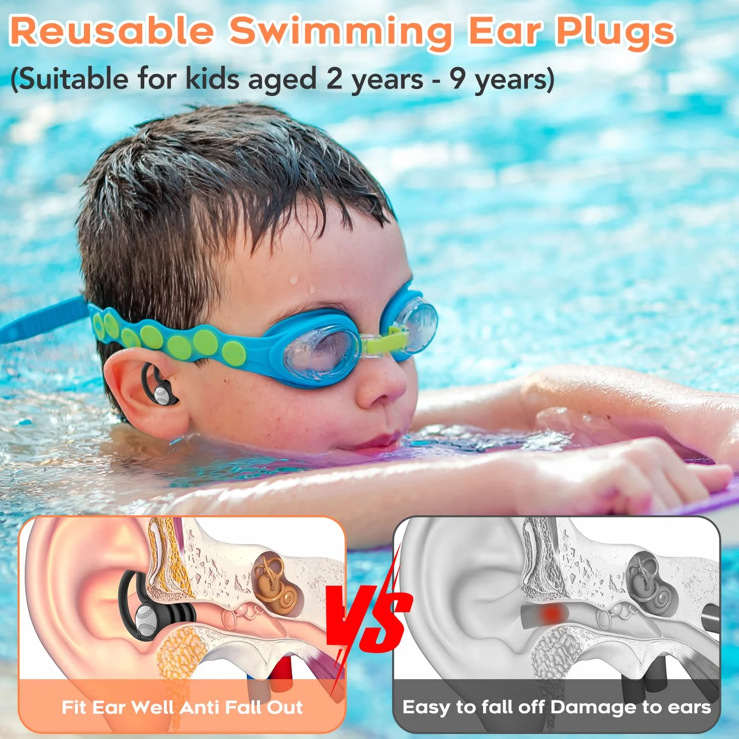 Tapones para los Oídos para Natación para Niños 2-9 años 3 Pares Silicona Suave Reutilizables Nadar