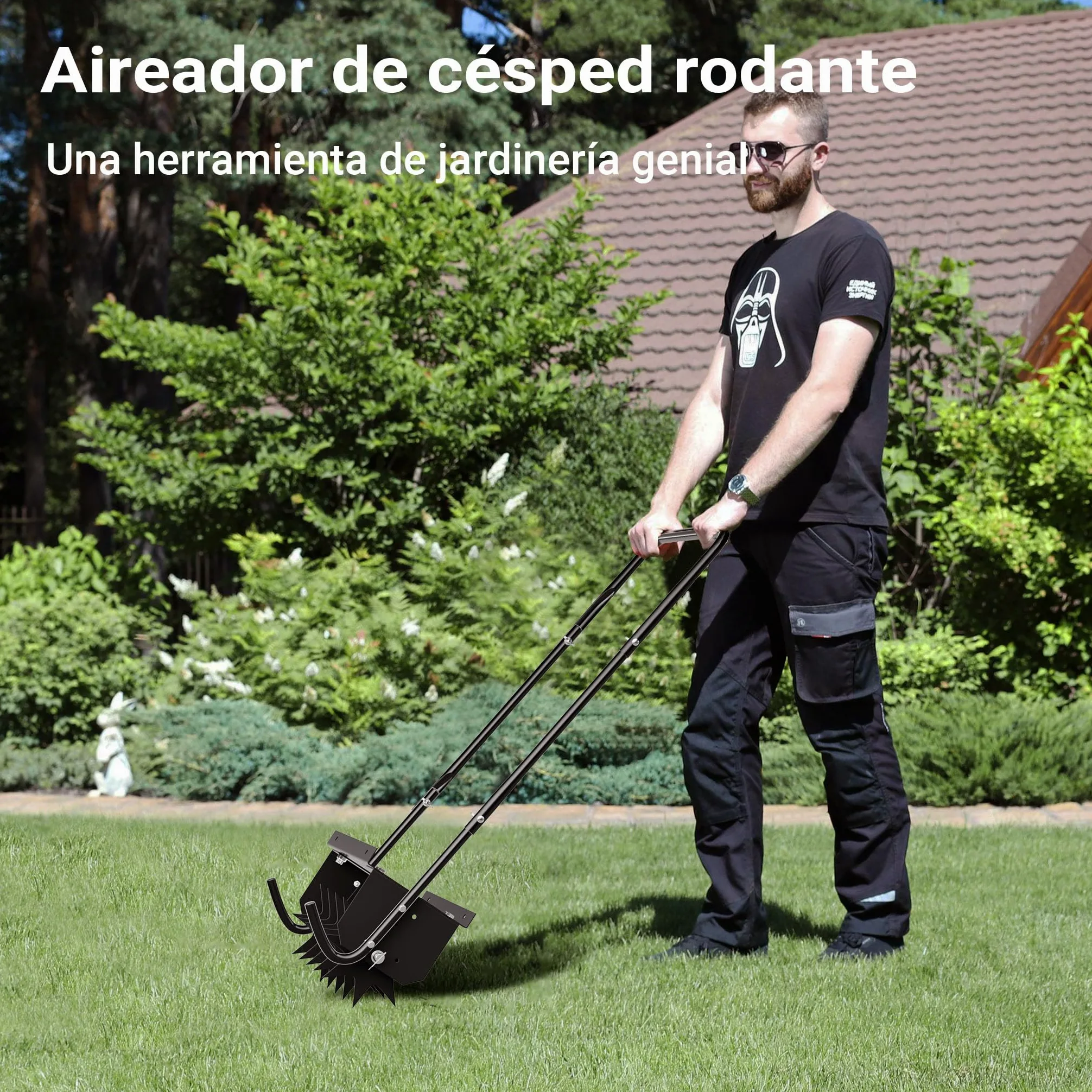 Wiltec Aireador de césped 40 cm ancho de trabajo 6,4 cm profundidad escarificador manual 5 discos púas acero