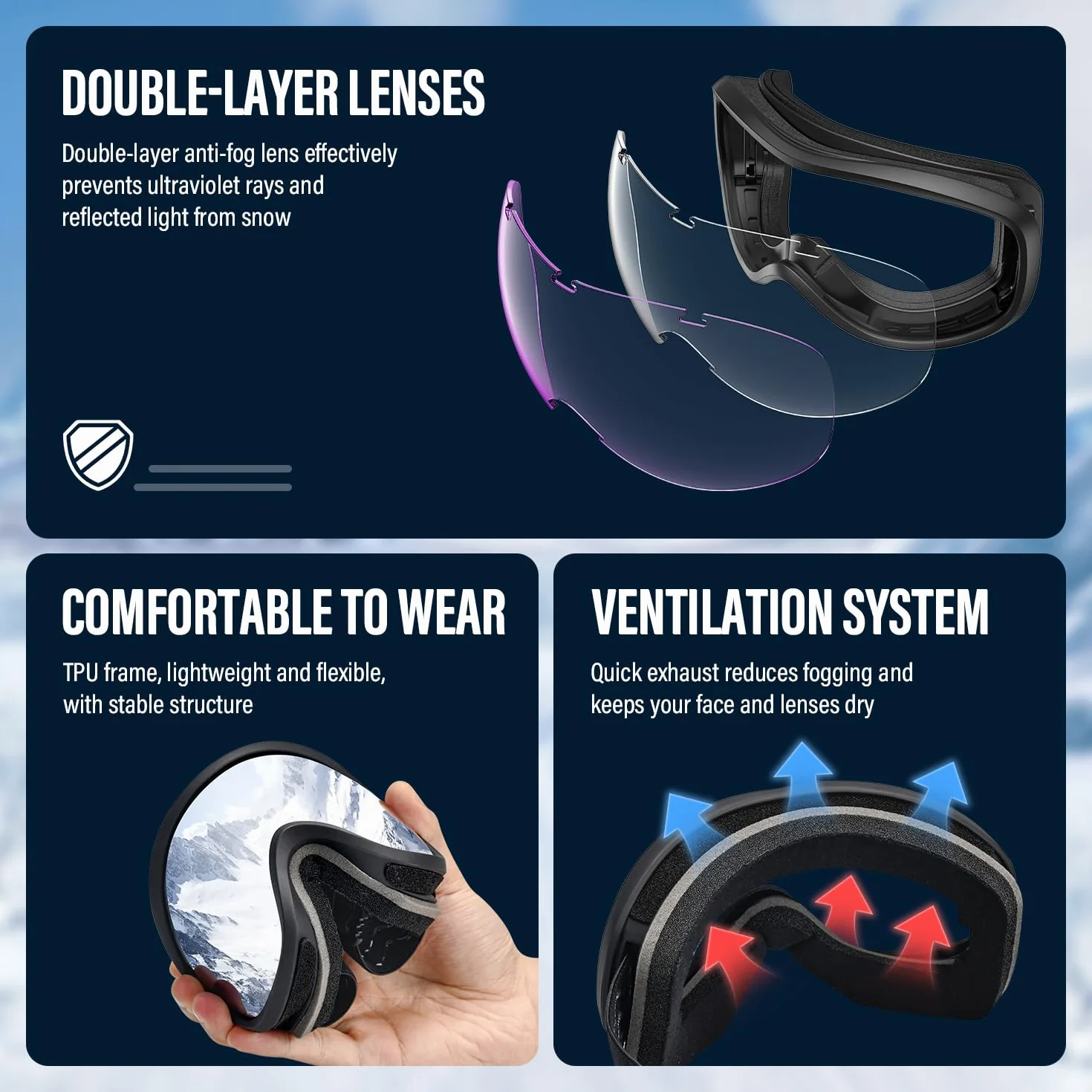 Onherm Gafas de Esquí Doble Lente Esférica Antiempañante Protección UV Compatibles con Casco y Gafas Graduadas