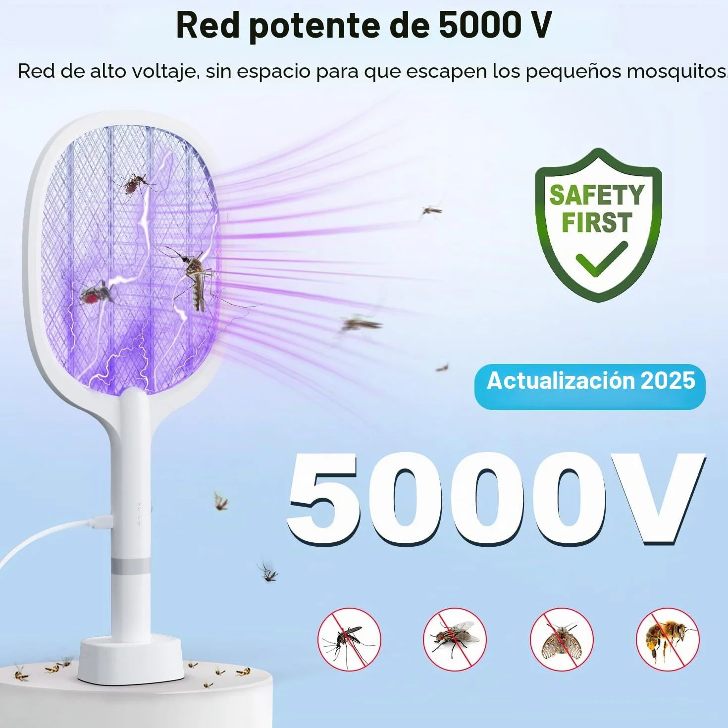 5000V Raqueta Matamoscas Eléctrica, 2 en 1 1800mAh Mata Mosquitos Electrico USB Recargable, Raqueta eléctrica con Luz Ultravioleta para Matar Mosquitos