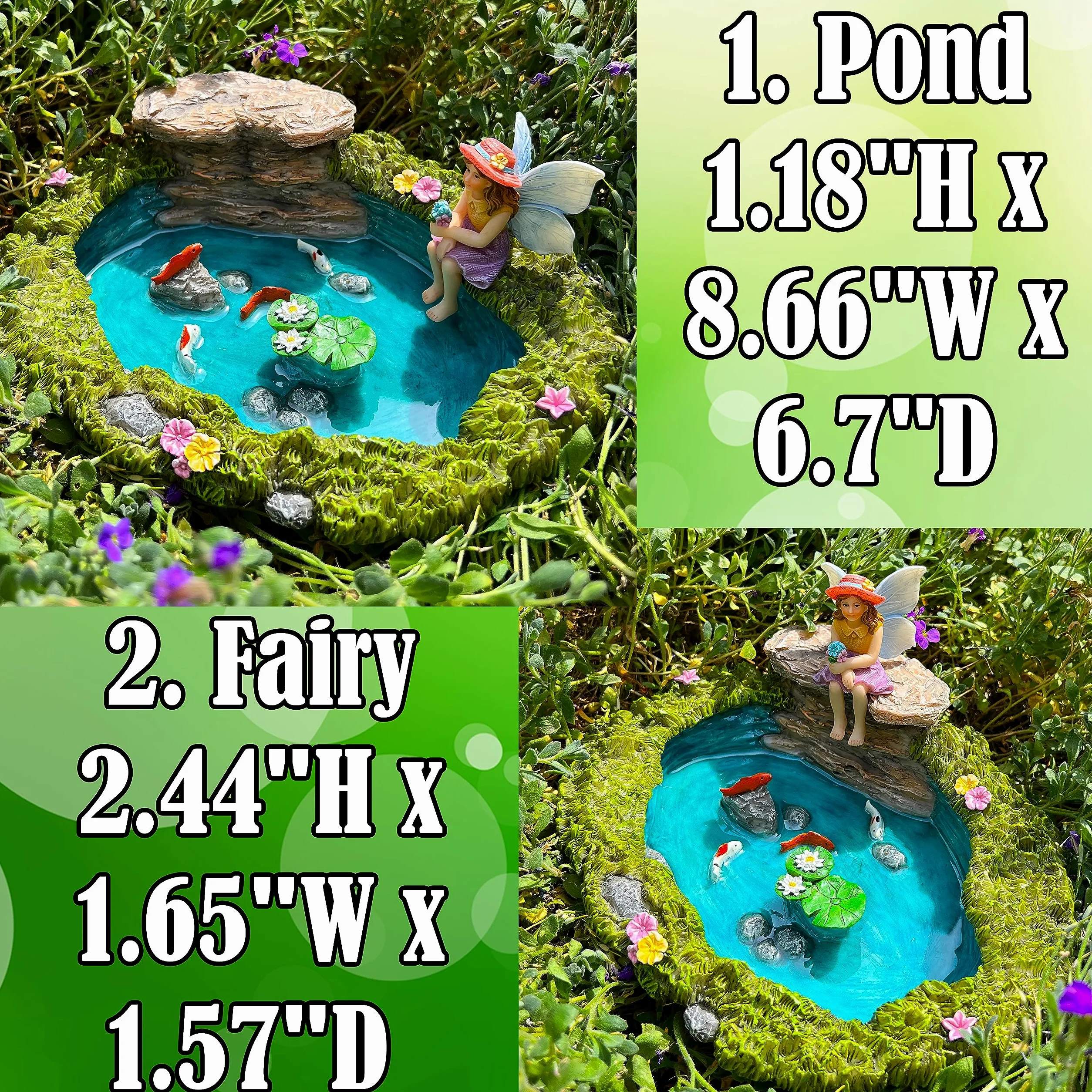 Mood Lab Fairy Garden – Estanque de peces en miniatura y kit de figuras de hadas, juego de 2 piezas de accesorios de jardín, decoración para exteriores o casa
