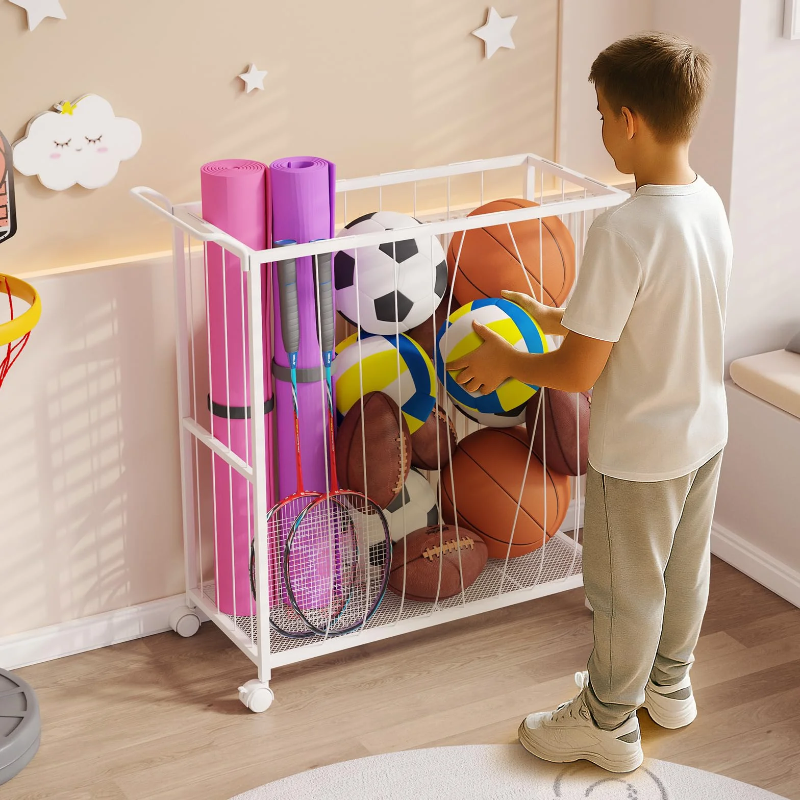 Homsorout Cesta de almacenamiento de bolas, carrito deportivo organizador de metal para garaje y gimnasio