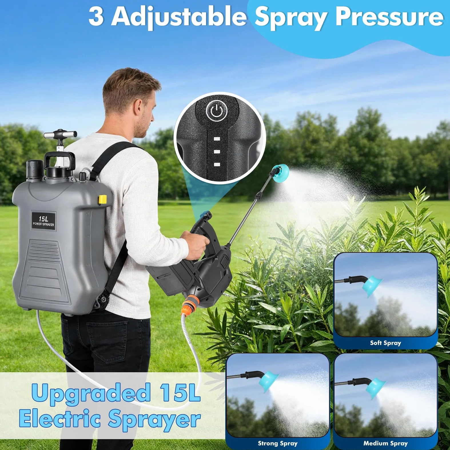 Pulverizador Eléctrico a Batería 15L con Carretilla, Mochila Sulfatadora de Jardín Compatible con 18V, Pulverizador de Presión con 3 Velocidades, Lanza Telescópica para Fumigación y Riego