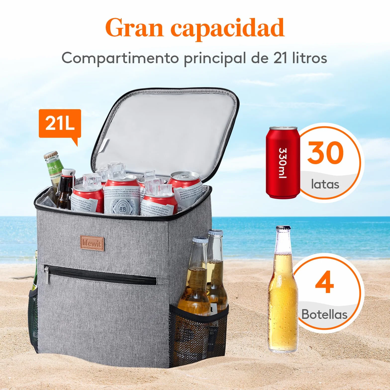 Lifewit Mochila Nevera 24L (30 Latas), Mochilas Neveras Portatil Isotermica, Bolsa Termica Porta Alimentos Impermeable, Cooler Bag para Playa, Picnic, Camping, Viaje, Trabajo, Gris