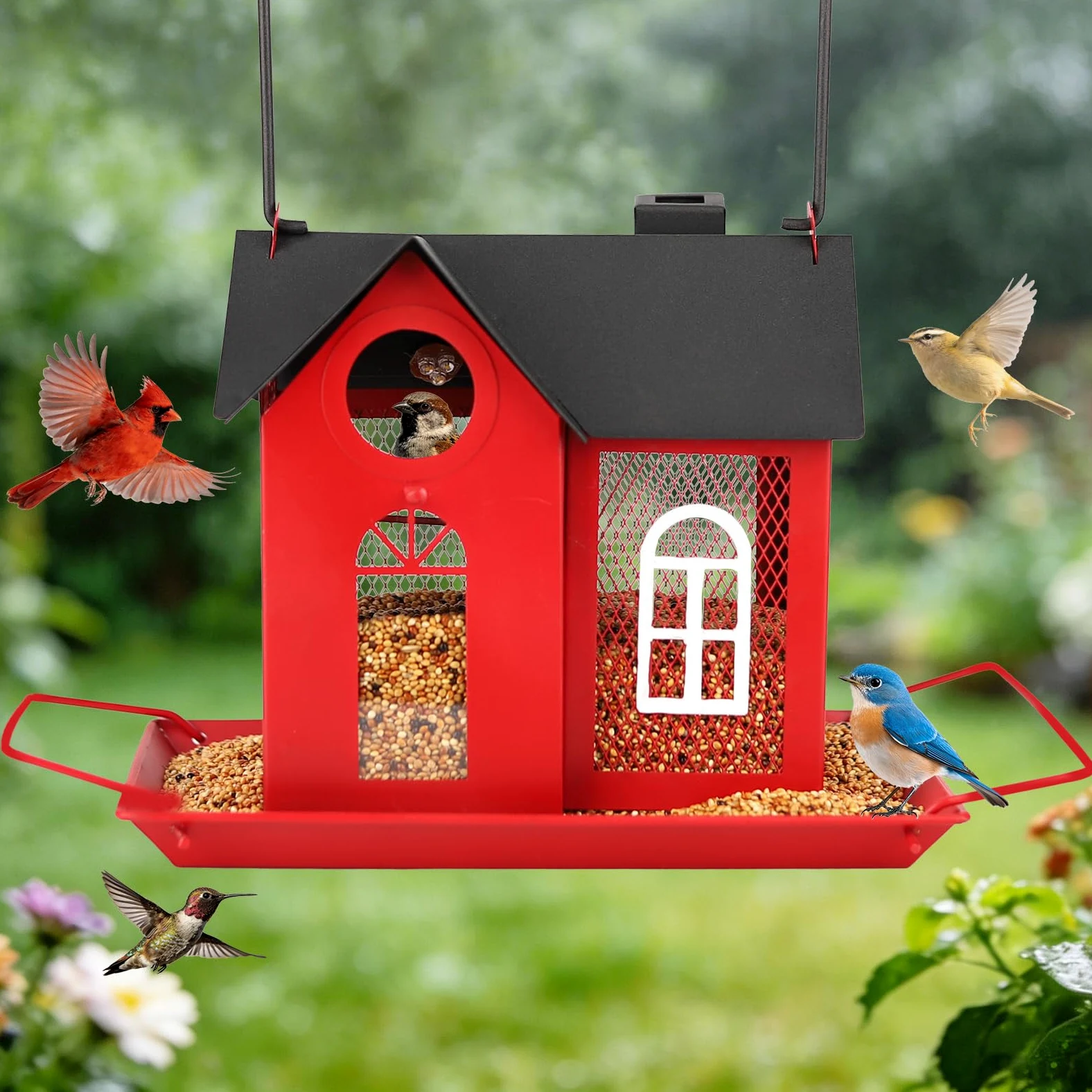 Comedero solar para pájaros para exteriores, comedero colgante de metal rojo con luz solar, comedero decorativo para cardenales, pinzones y pájaros silvestres, decoración de jardín y patio trasero