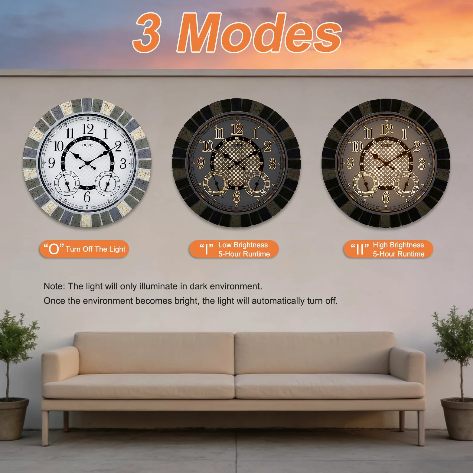 OCEST 18-pulgadas reloj exterior impermeable termómetro higrómetro luz nocturna silencioso sin tictac