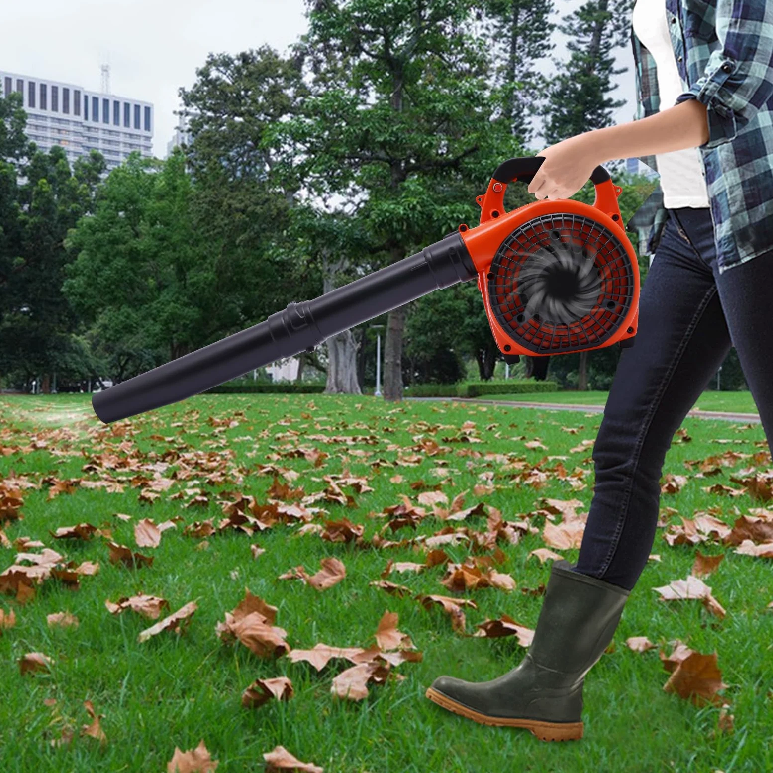 Soplador de hojas de gasolina, soplador de hojas de mano, motor de 2 tiempos, 0,75 kW, 7500 rpm, depósito de 0,9 L, 3,75 kg, dispositivo de mano con 2 tubos de soplado, para limpieza de jardín, patio