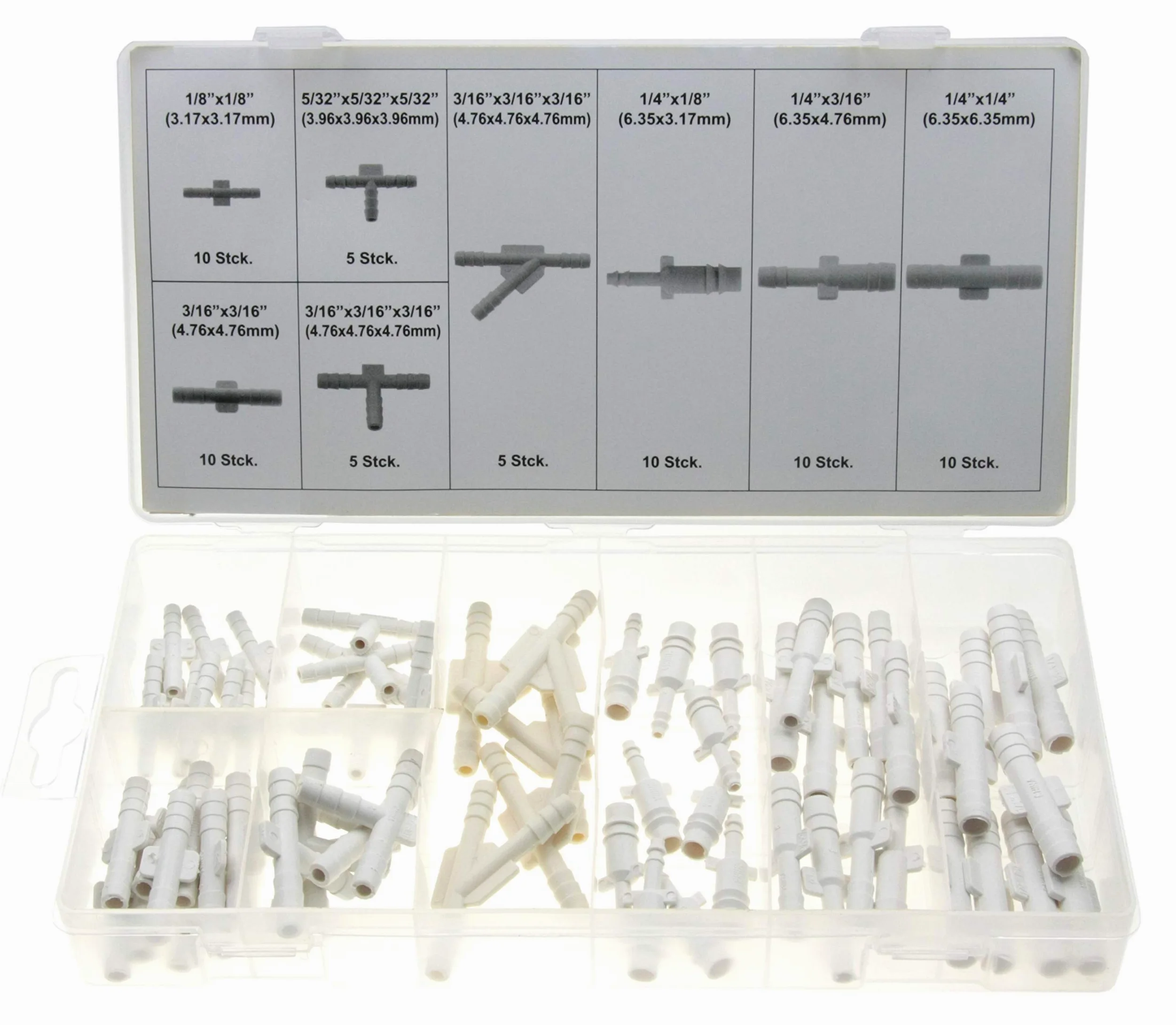Surtido de conectores de manguera de 1/8" (3,17 mm) hasta 1/4" (6,35 mm) / Mini conector de vacío de plástico para manguera de aire en forma de T (pieza en T) y forma de Y, 65 piezas