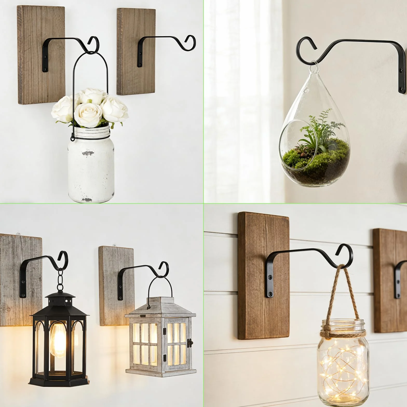 Gancho de pared para colgar macetas de hierro, 15 cm, soporte para plantas colgantes, comederos de pájaros, farolillos, campanas de viento, candelabro, 2 unidades, color negro