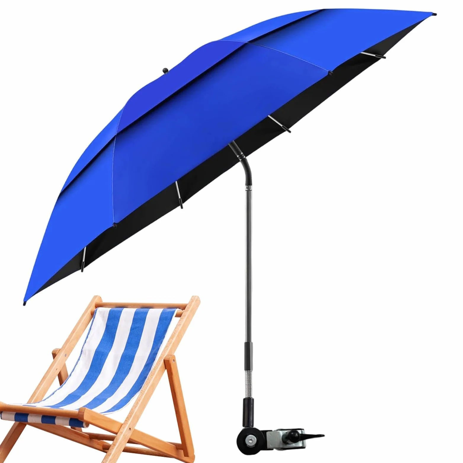 Sombrilla con clip para silla de jardín ajustable de 180° UPF 50+ doble toldo | Silla de playa para exteriores, playa, tomar el sol, viajes, vacaciones, camping, picnic, patio, silla de ruedas