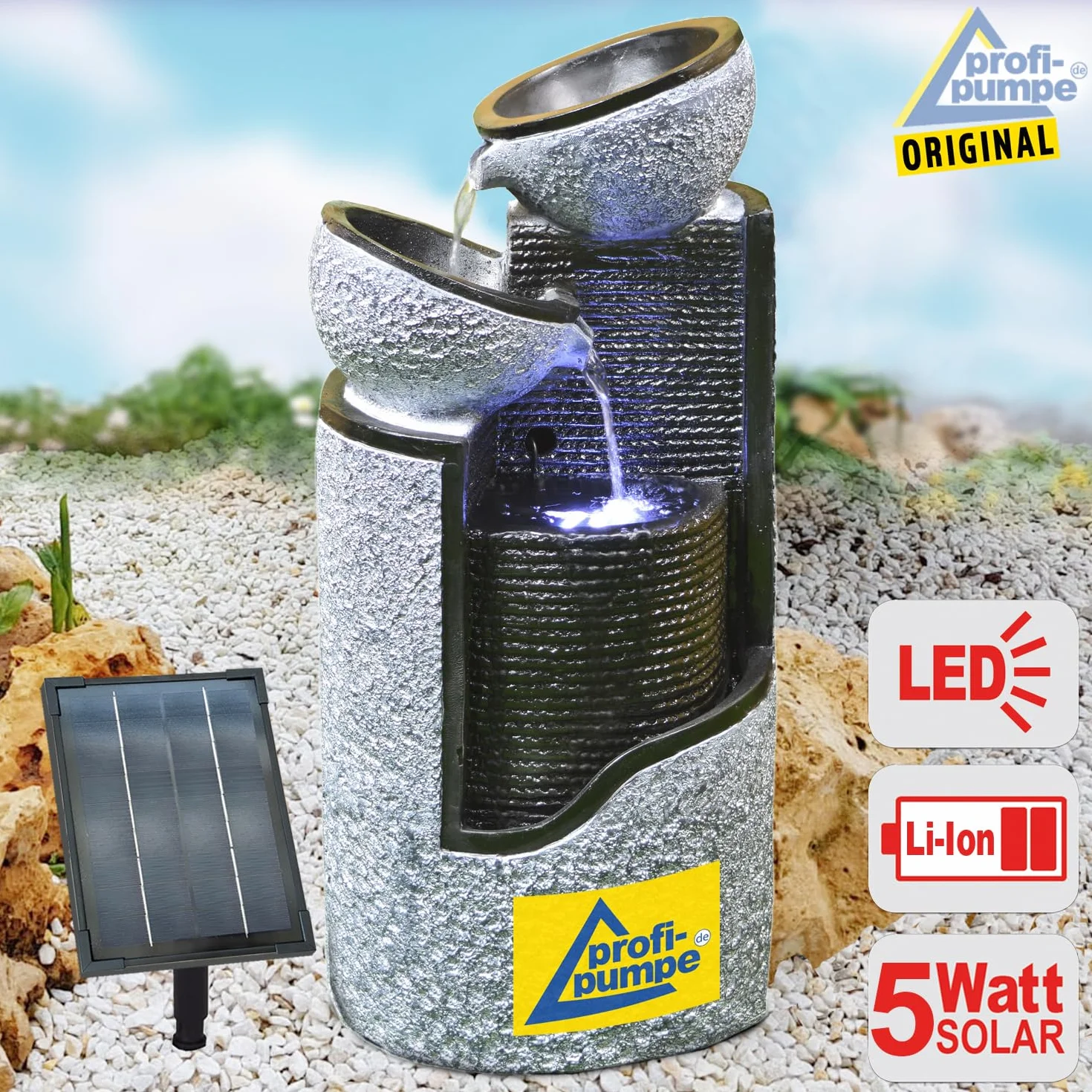 Fuente Solar Decorativa para Jardín con Bomba, Cascada y Luz - Baño para Pájaros y Estanque