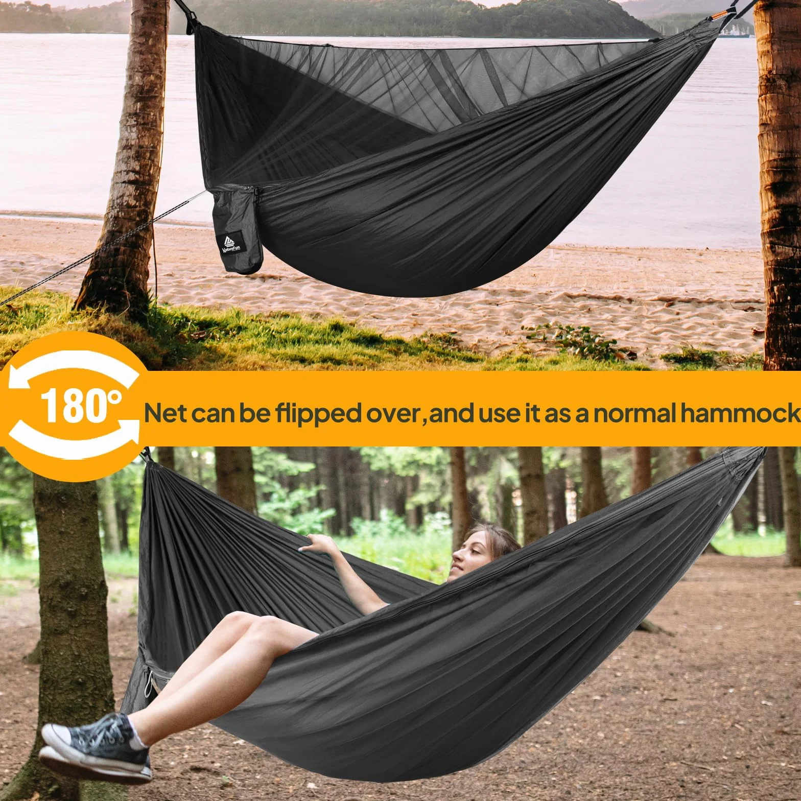 NATUREFUN Hamaca de Camping con mosquitera | 300 kg de Capacidad de Carga, (290 x 140 cm) Nylon paracaídas Transpirable y de Secado rápido | Accesorios completos | Hamaca de Viaje fácil de Montar