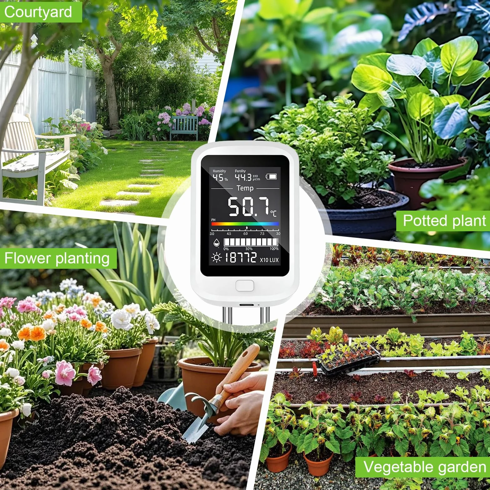 PORFOYO Medidor de PH Tierra, 6 en 1 Medidor de Humedad Plantas, Medidor Digital de Agua y Suelo con Fertilidad del Suelo/Humedad/Valor de PH/Temperatura/Luz Solar/Humedad Ambiental