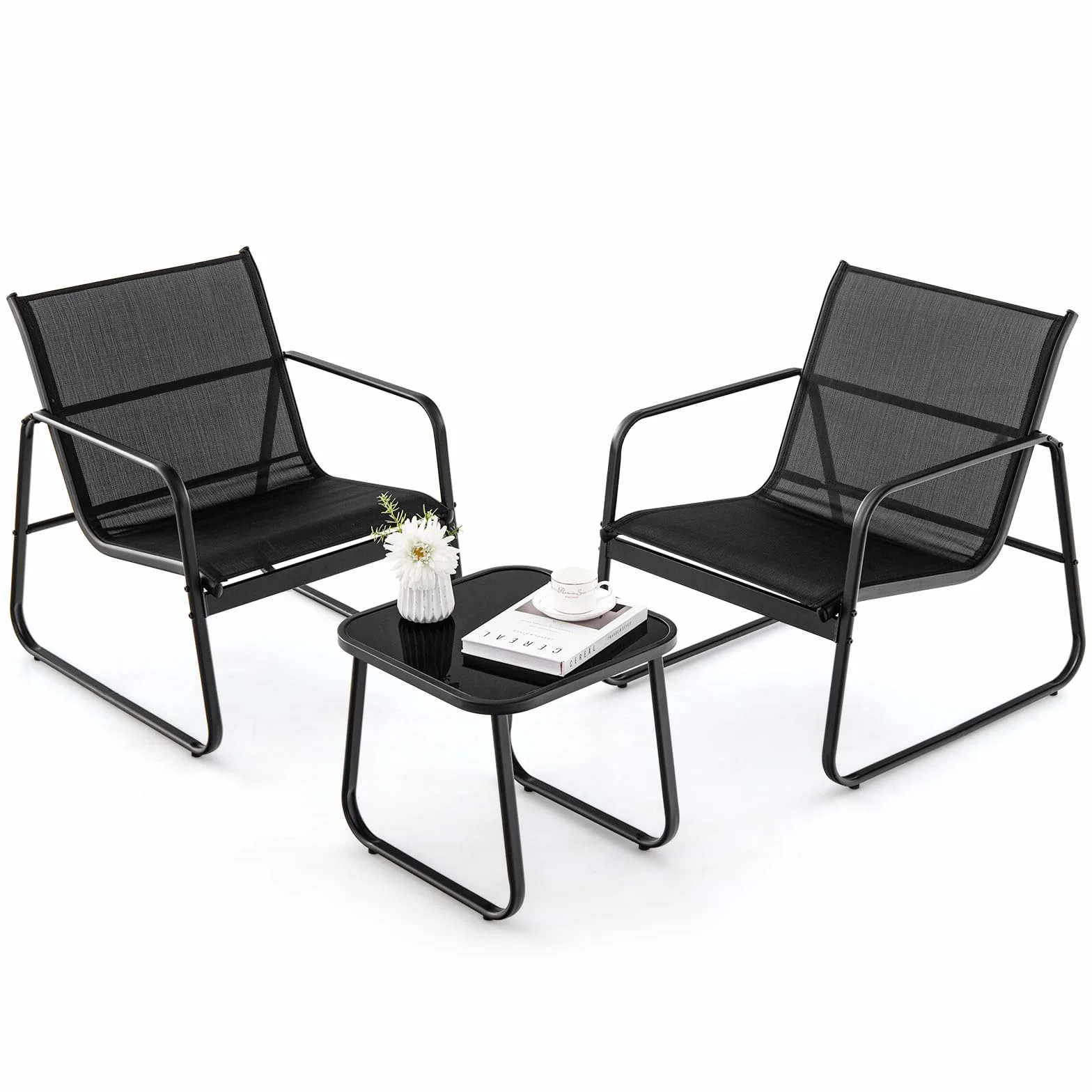 COSTWAY Conjunto Mesa y Sillas Jardin 3 Piezas, Conjunto Jardin Exterior Mesa y Sillas, 2 Siilas de Tela Transpirable y 1 Mesa Encimera de Vidrio Templado,Terraza Balcón (Negro)