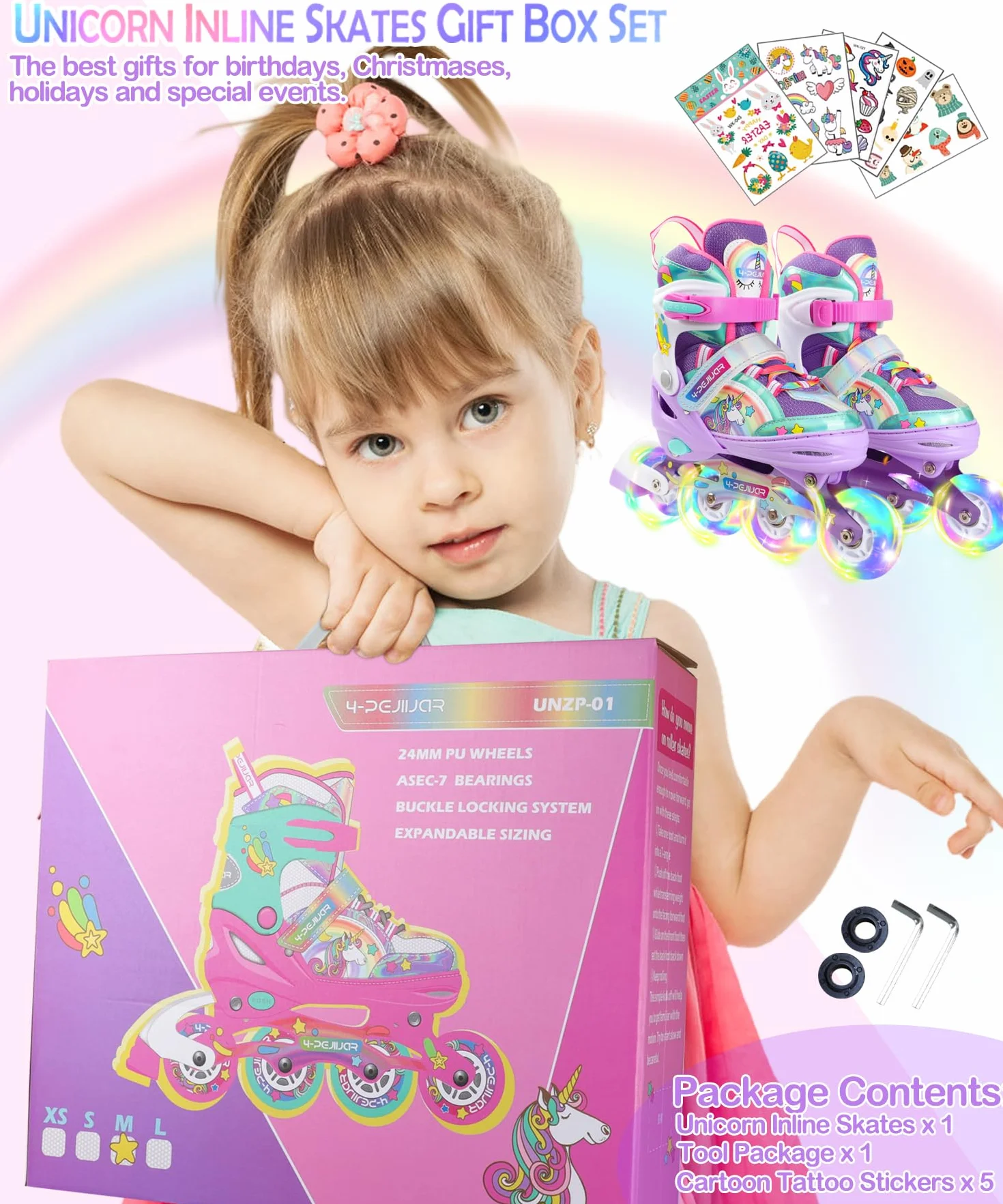 Patines en línea Unicornio para Niñas Ajustables con Ruedas Luminosas 4 Ruedas Quad Principiantes