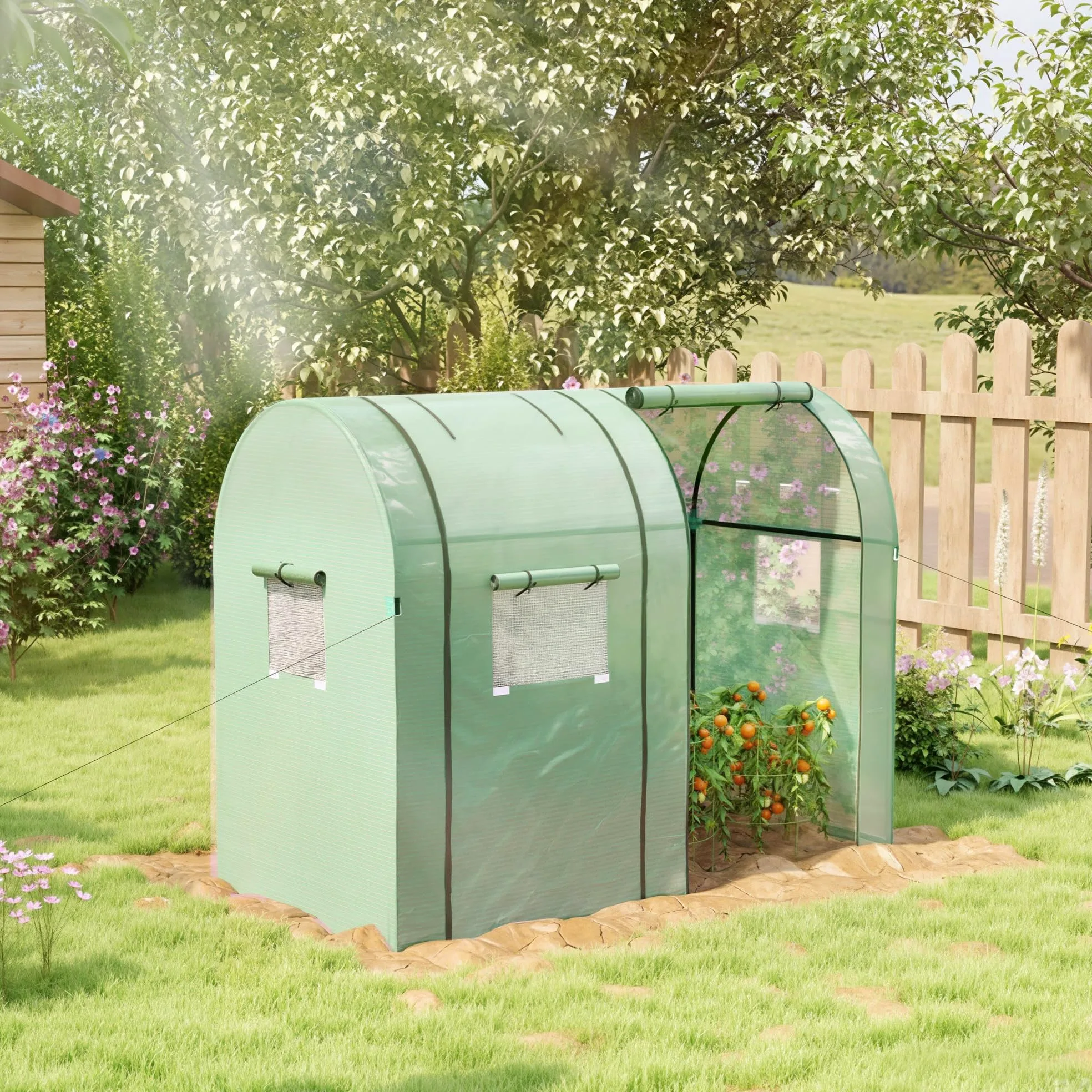 Outsunny Invernadero de Jardín Mini Invernadero con Anti-UV 4 Ventanas 2 Puertas Enrollables con Cremallera para Cultivo de Plantas Flores Tomates en Terraza Patio 185x94x150 cm Verde