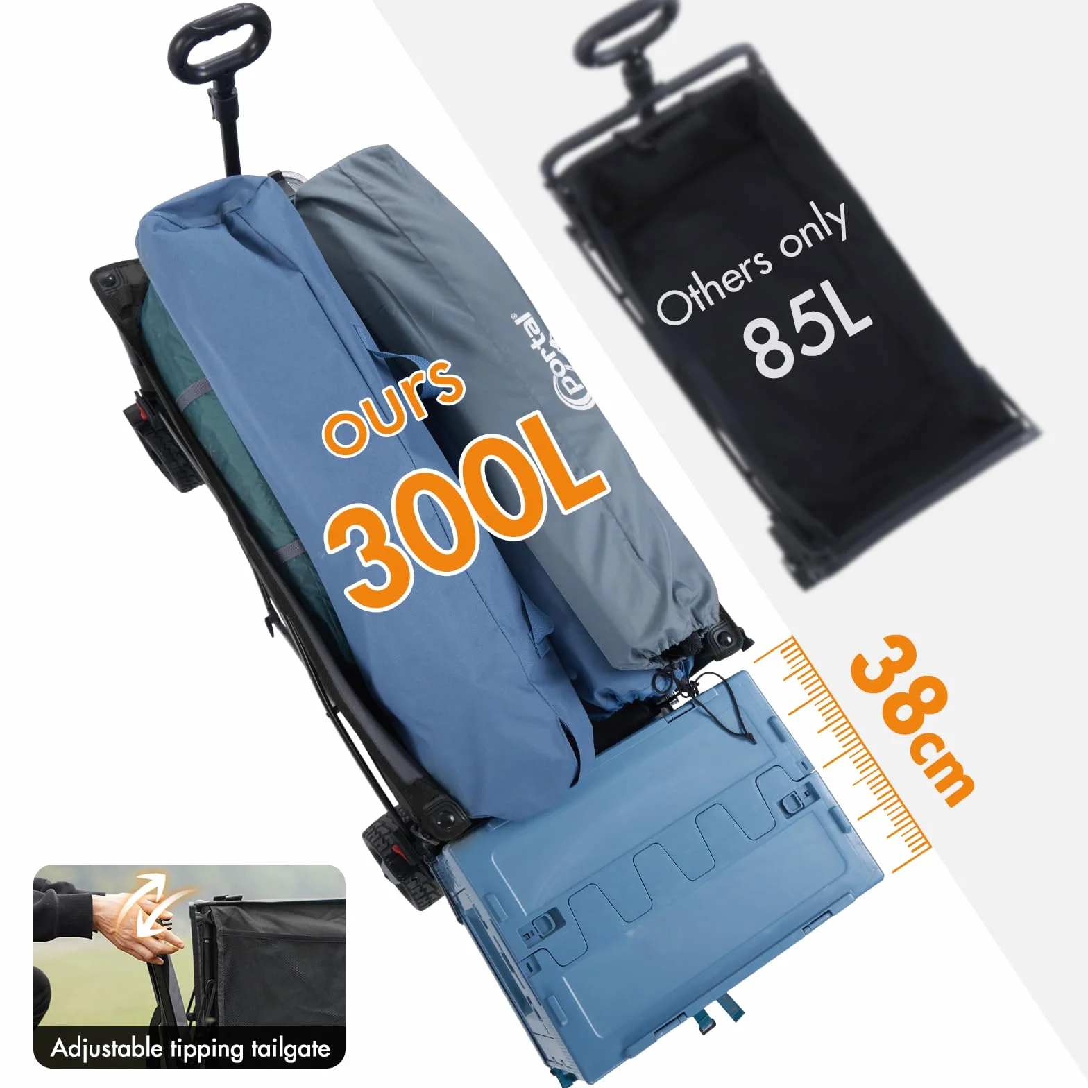PORTAL Carro de Playa Camping Plegable con Frenos – Ruedas Anchas Todo Terreno, 300L Gran Capacidad, Puerta Trasera Ajustable, Alta Resistencia para Festival, Jardín, Compras