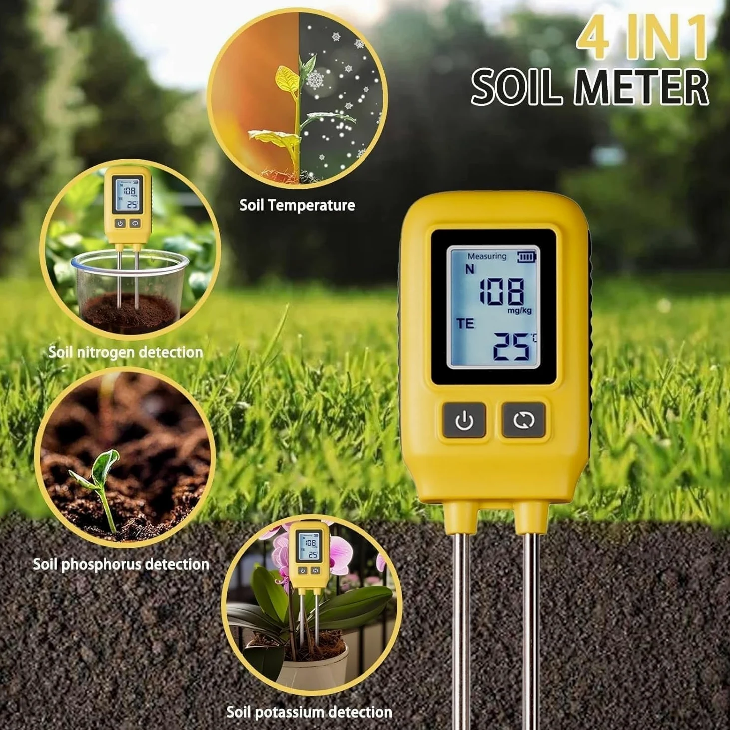 Analizador de suelo NPK 4 en 1, mide nitrógeno, fósforo, potasio y temperatura con alta precisión. Medidor digital de fertilidad del suelo con pantalla LCD, ideal for jardinería