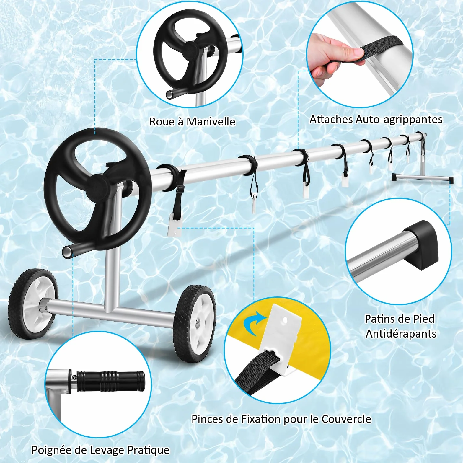 GOPLUS Enrollador Piscina para Liner de Piscina 1,65-7,7 m, Enrollador Lona Piscina de Aluminio y Soporte de Acero Inoxidable