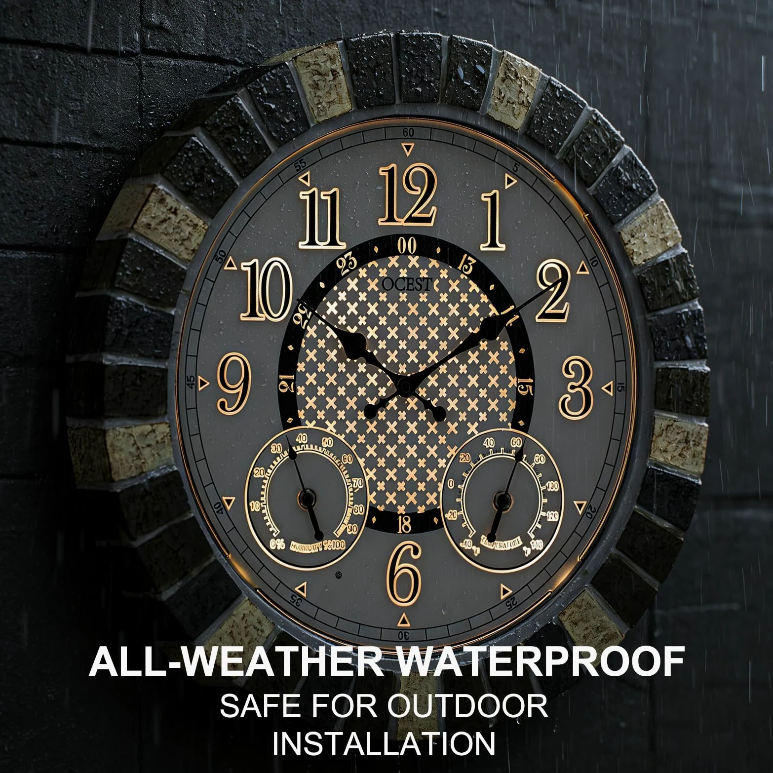 OCEST 18-pulgadas reloj exterior impermeable termómetro higrómetro luz nocturna silencioso sin tictac
