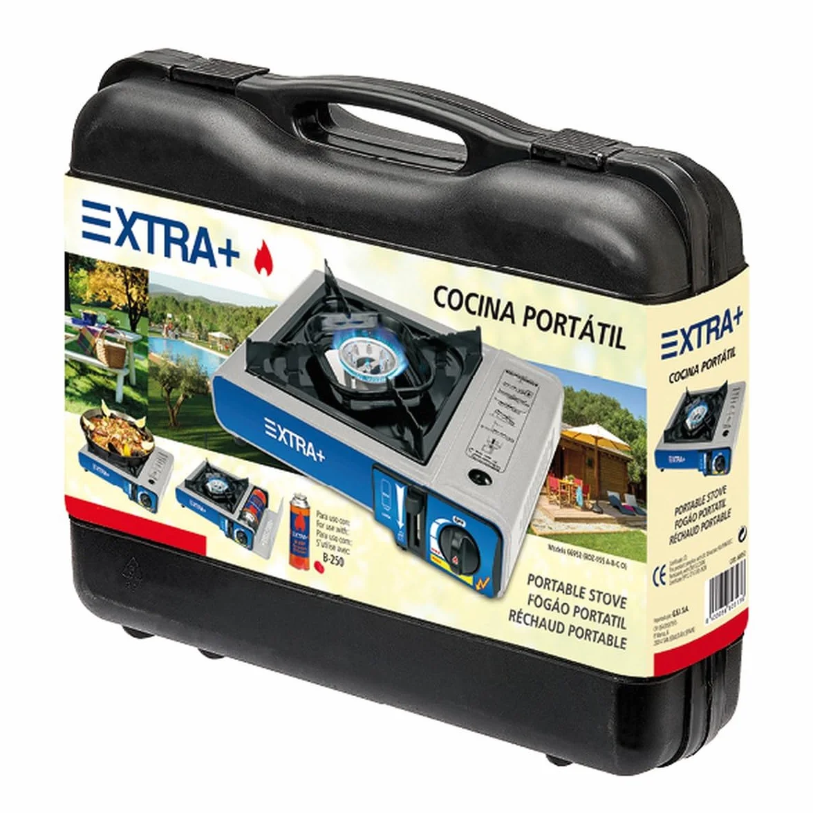 XTRA+ Cocina de Gas Portátil BDZ-155 para Camping con Maletín – Compatible con Cartucho B-250 | Hornillo Compacto para Camping, Playa y Exterior