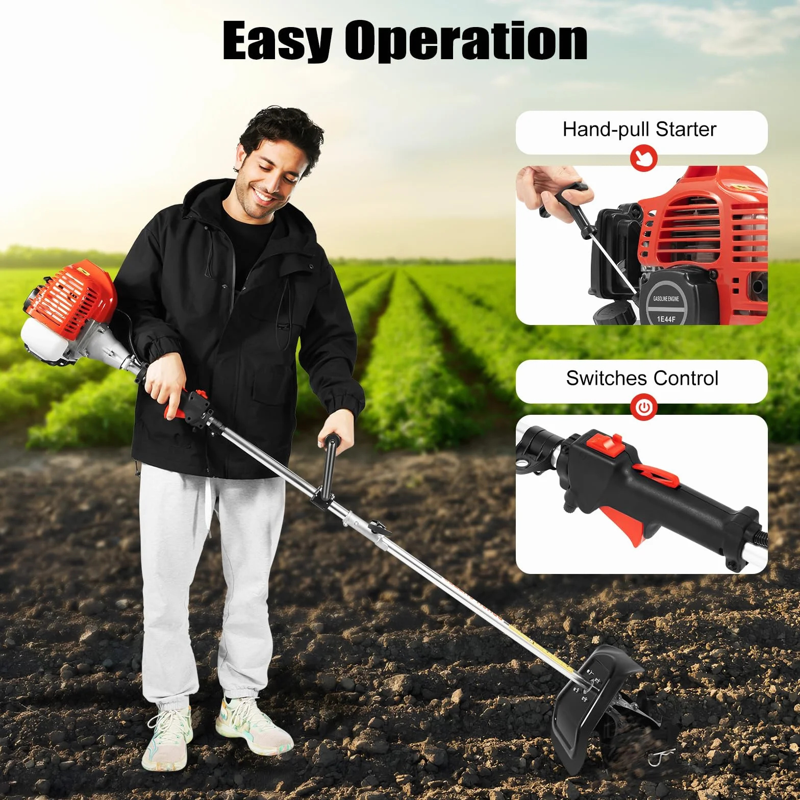 Rototiller a gas de 51.7 CC, cultivador de mano pequeño de un solo cilindro de 2 tiempos, 6500 RPM refrigerado por aire con tanque de combustible de 1.1 L para deshierbe de suelo suelto de