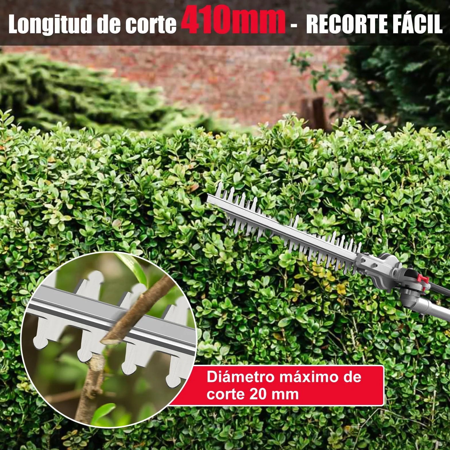 HYCHIKA Cortasetos Electrico Telescopico 900W, Cortasetos Telescopico, Extensible 200-250 cm, Cabezal Pivotante +90°~-45°, Doble Interruptor y Doble Asa, para Podar Césped, Arbustos y Setos