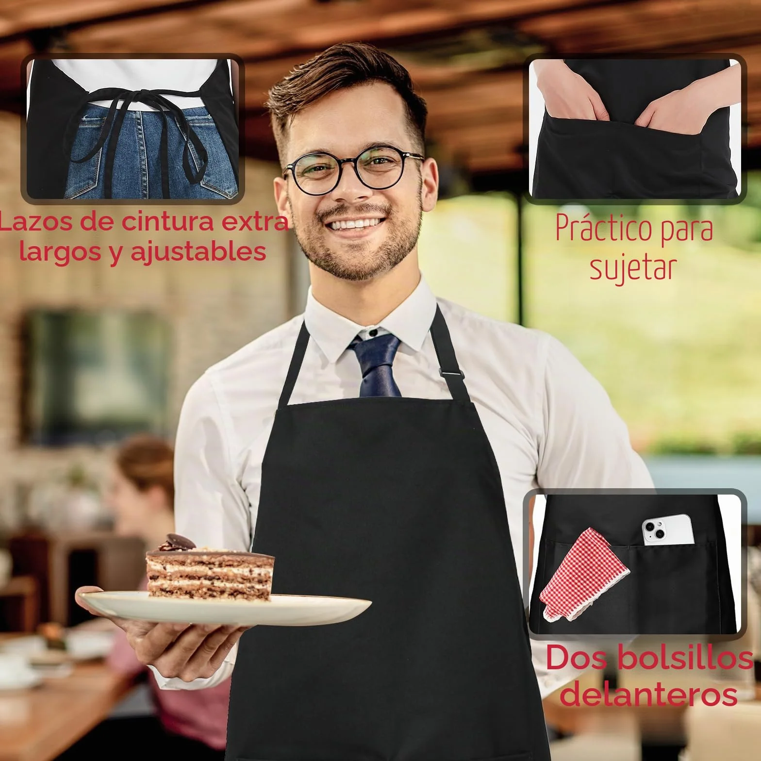 atopo 4 Piezas Chef Delantal, Negro Delantal Impermeable con 2 Bolsillos, Delantal de Cocina Ajustables para Barbacoa Cocinar Hornear Jardinería Restaurante